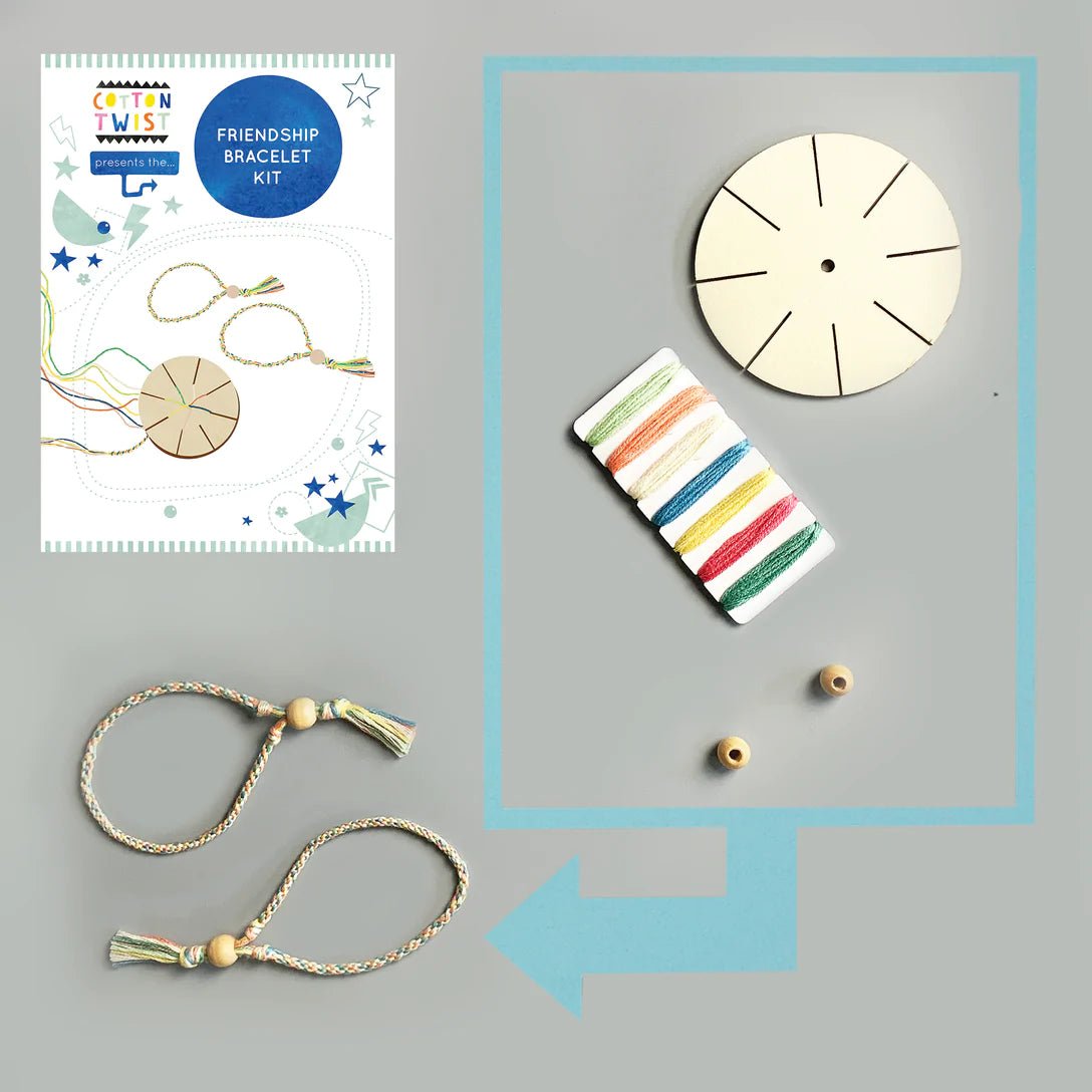 friendship bracelet kit contents and finished product includes kumihimo loom, colorful thread, and wooden beads DIY craft set gift