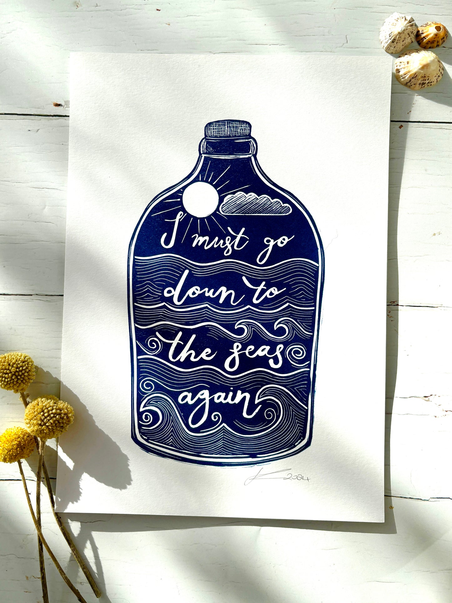 handprinted nautical lino art with waves and quote—coastal wall decor for sea lovers and ocean dreamers
