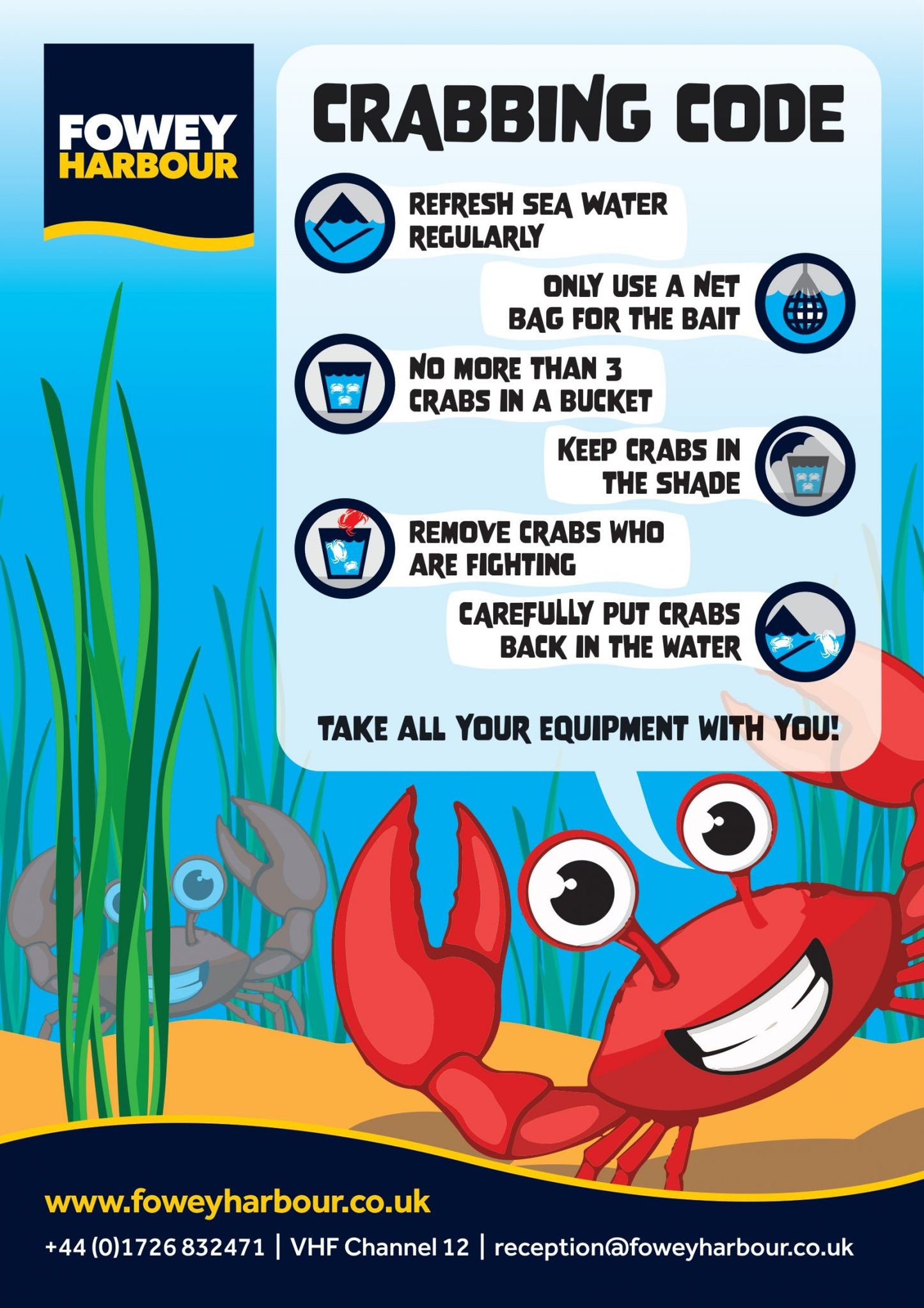 crabbing code guidelines poster Fowey Harbour, responsible crabbing rules, marine conservation educational signage