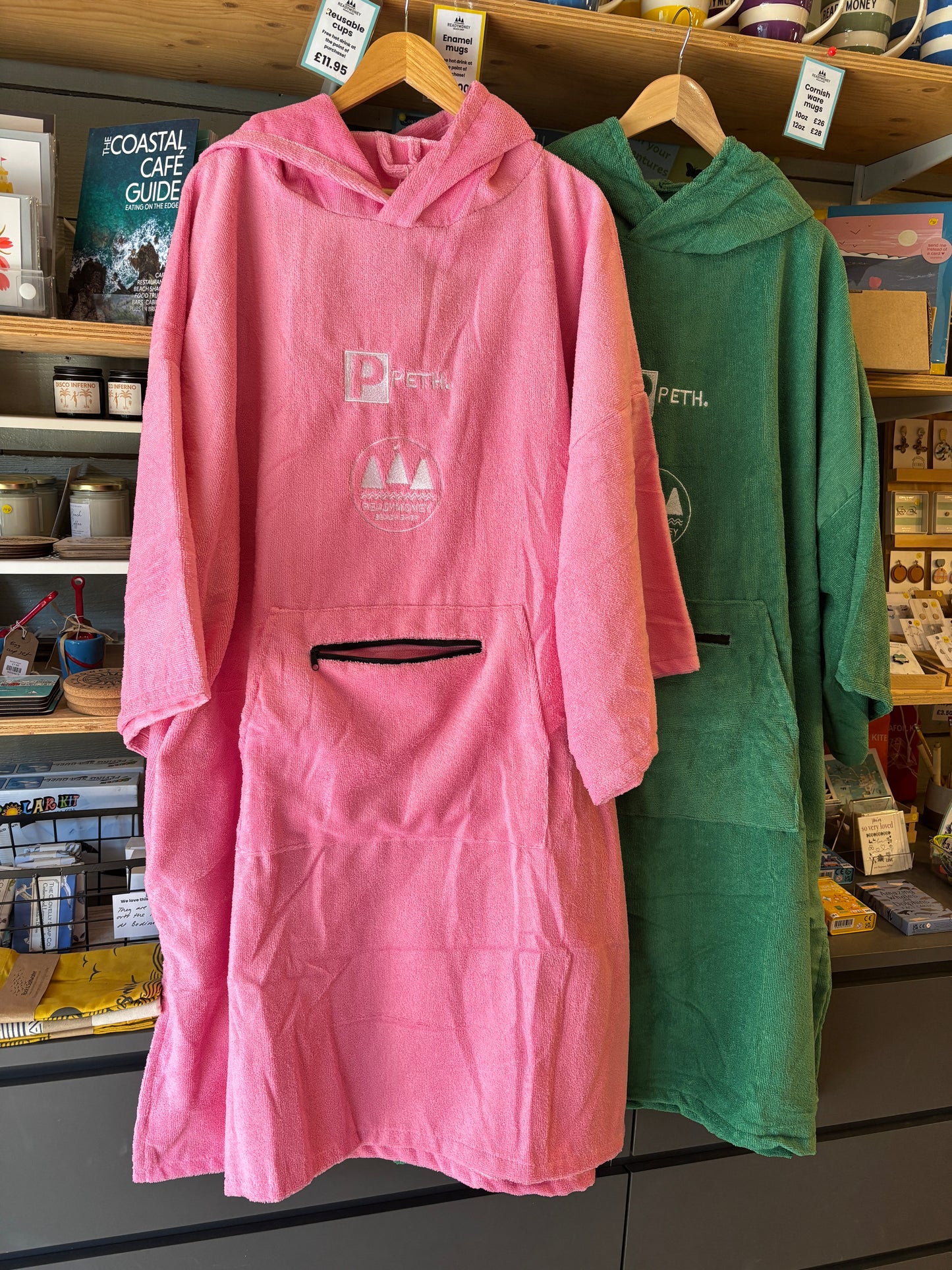 pink Perth microfiber hooded robe for adults and kids—soft, quick-dry beach cover-up with nautical sailboat logo
