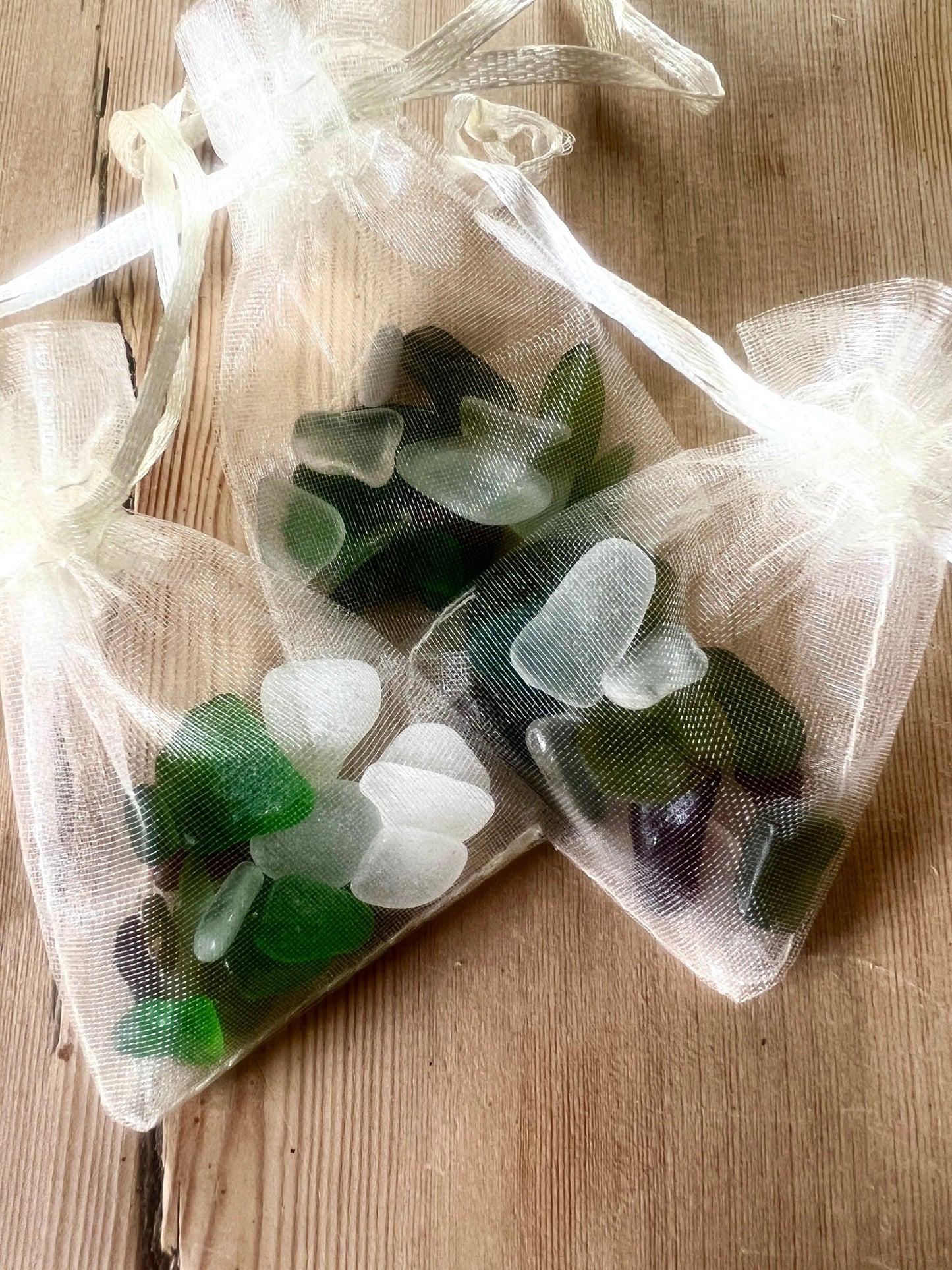 sea glass gift bag white organza ribbon, cornish beach glass green frosted pieces, coastal jewelry making supplies