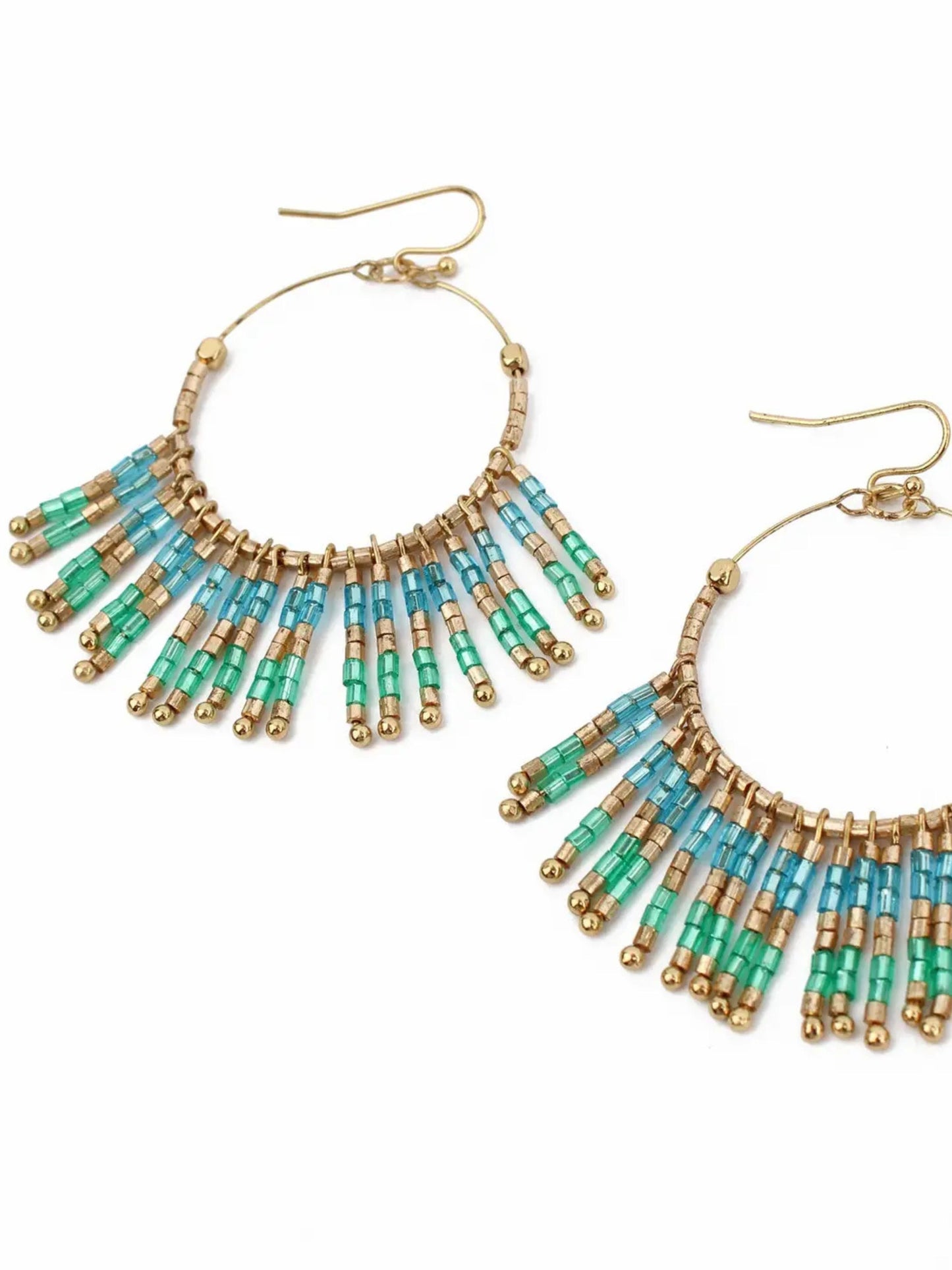 Mint Blue & Gold Beaded Tassel Statement Earrings