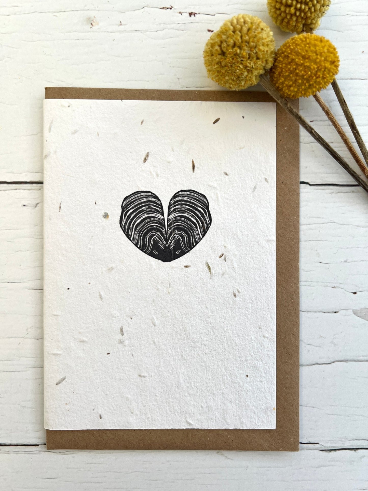 eco-friendly greetings card with heart-shaped mussel shell illustration—minimalist, plantable, nature-inspired stationery