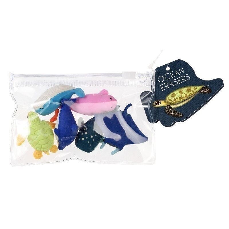 ocean animal erasers set, packed in clear zipper bag turtle, whale, manta ray, fish novelty school supplies for kids