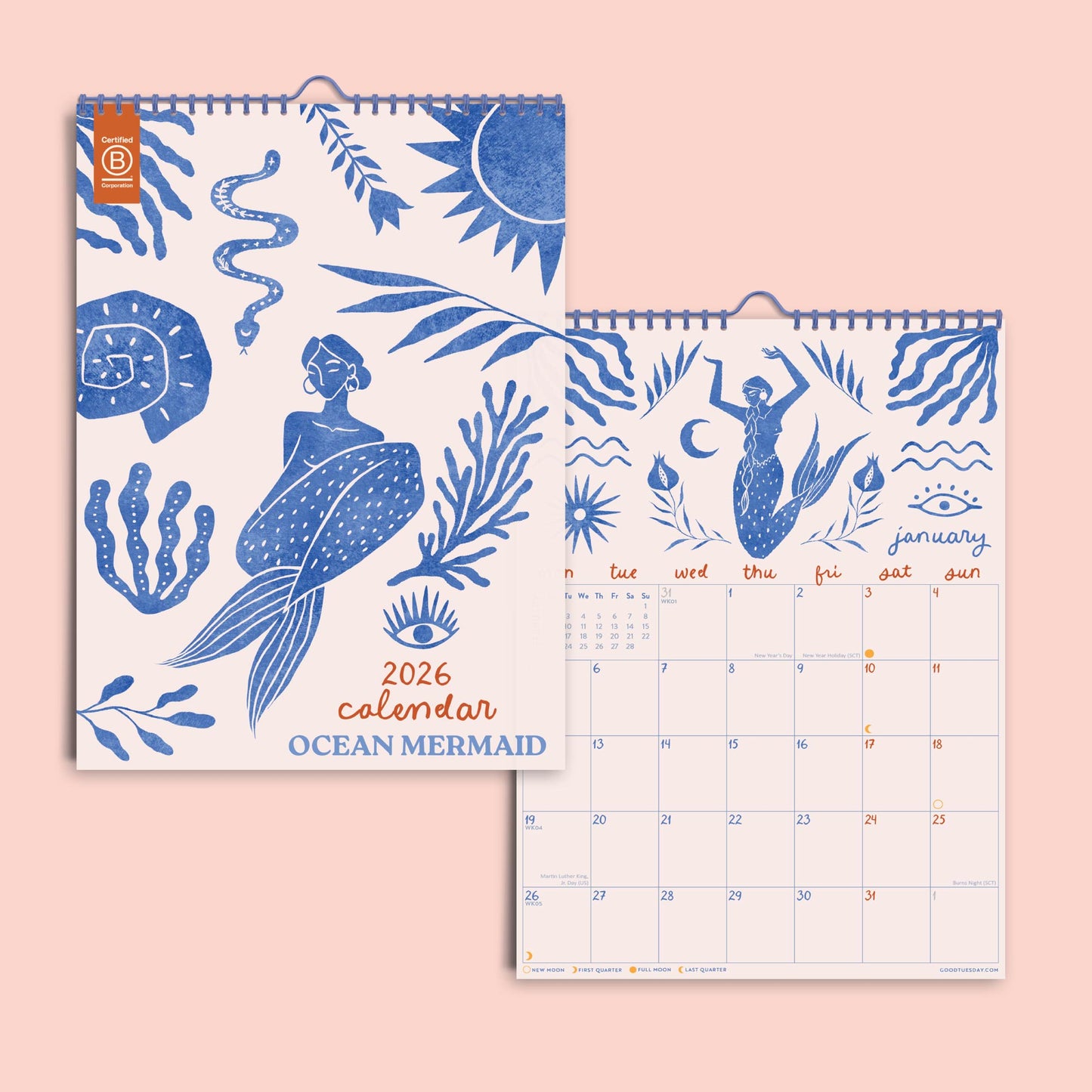 ocean mermaid 2026 calendar—blue-toned mermaid and sea creature art with monthly planner, ideal for coastal décor and gifting