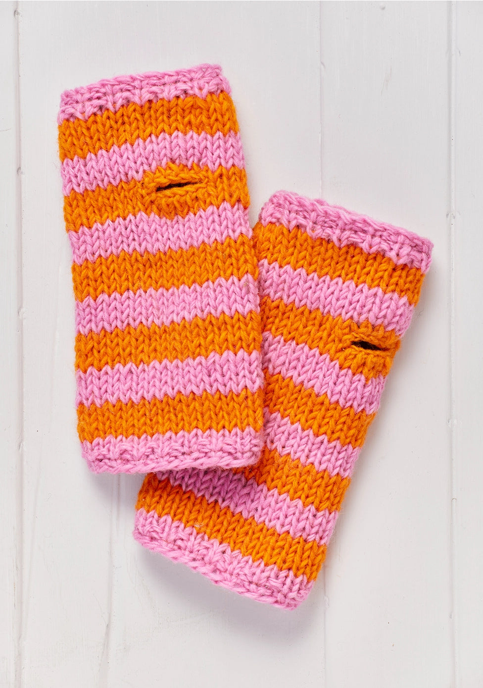 knitted pink and orange stripe fingerless gloves set cozy boho hand warmers, winter apparel, gift, stylish women's mittens