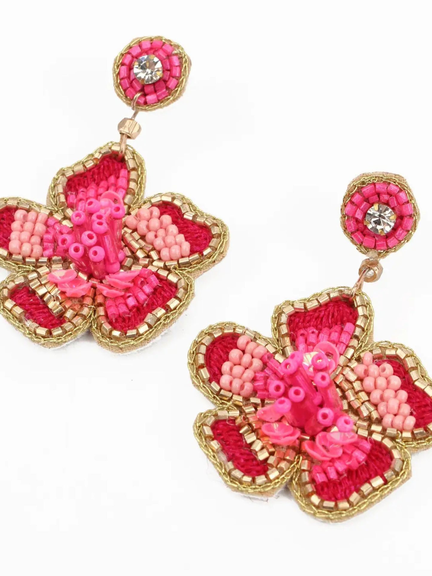 Pink Flower Beaded Statement Earrings