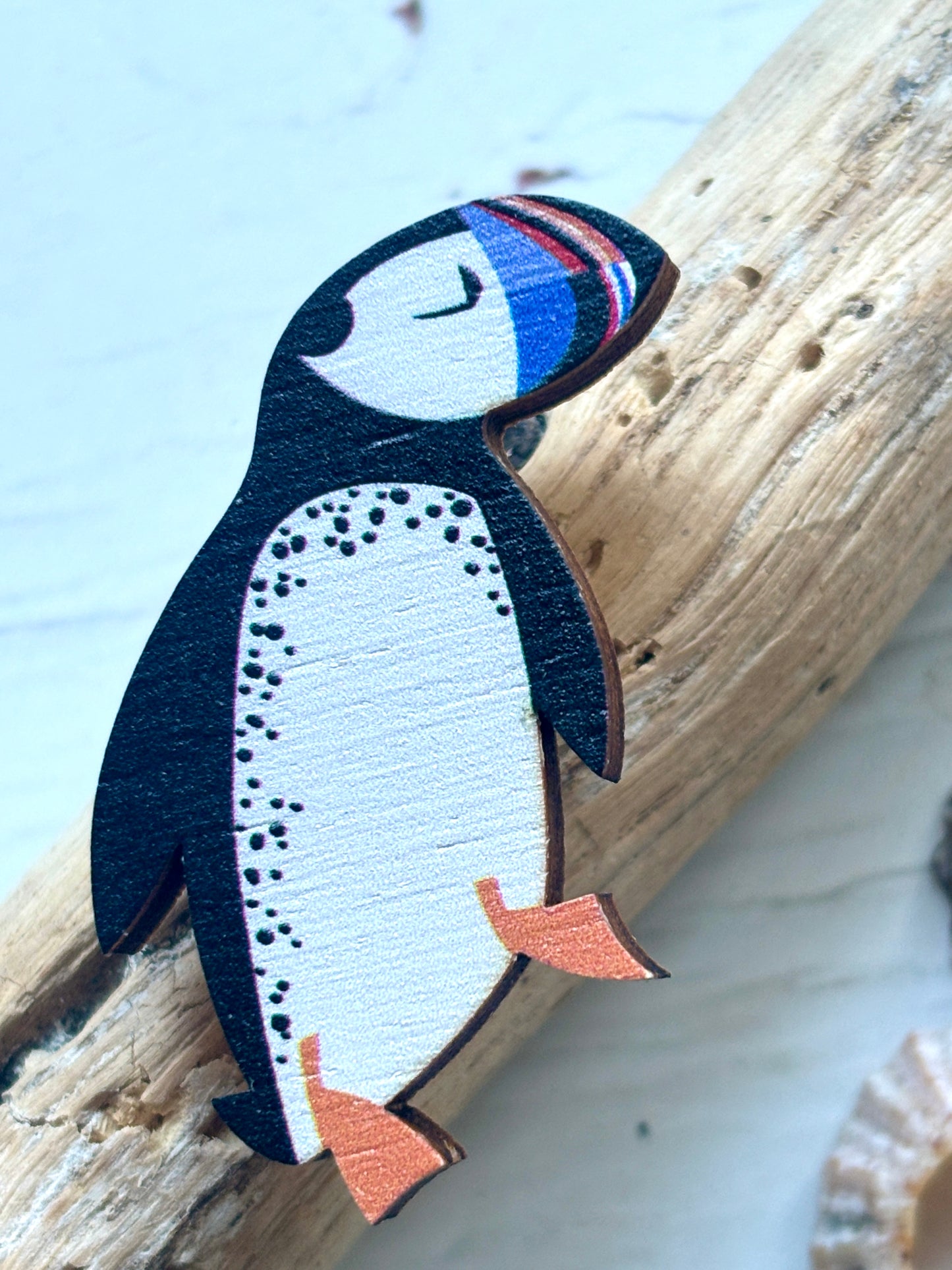Wooden Puffin Pin Badge