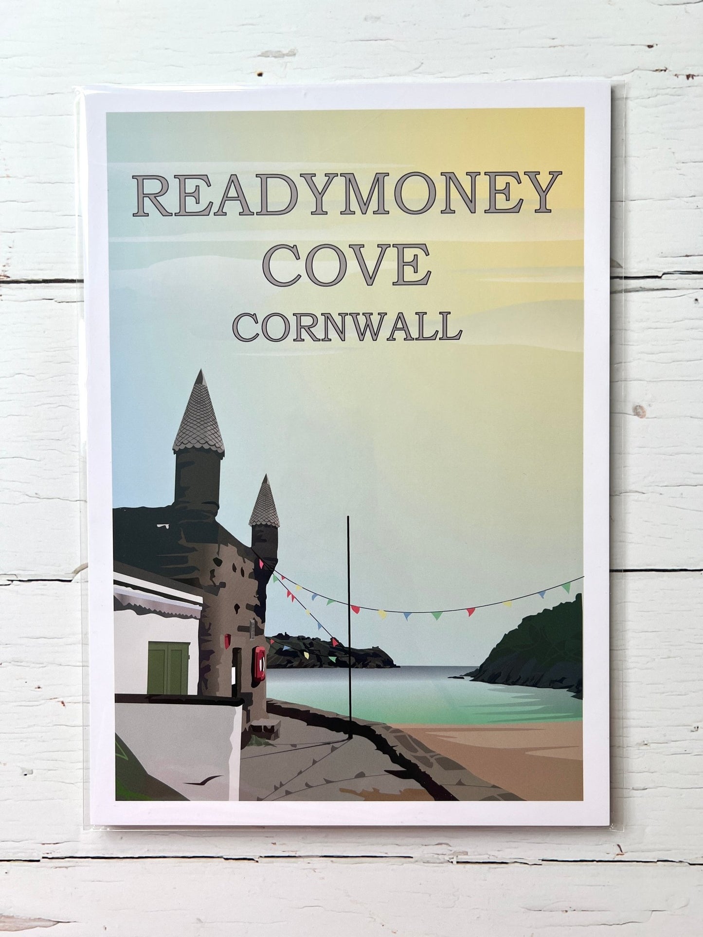Readymoney Cove Cornwall art print—sunny coastal scene with bunting, beach path, and seaside charm for home decor