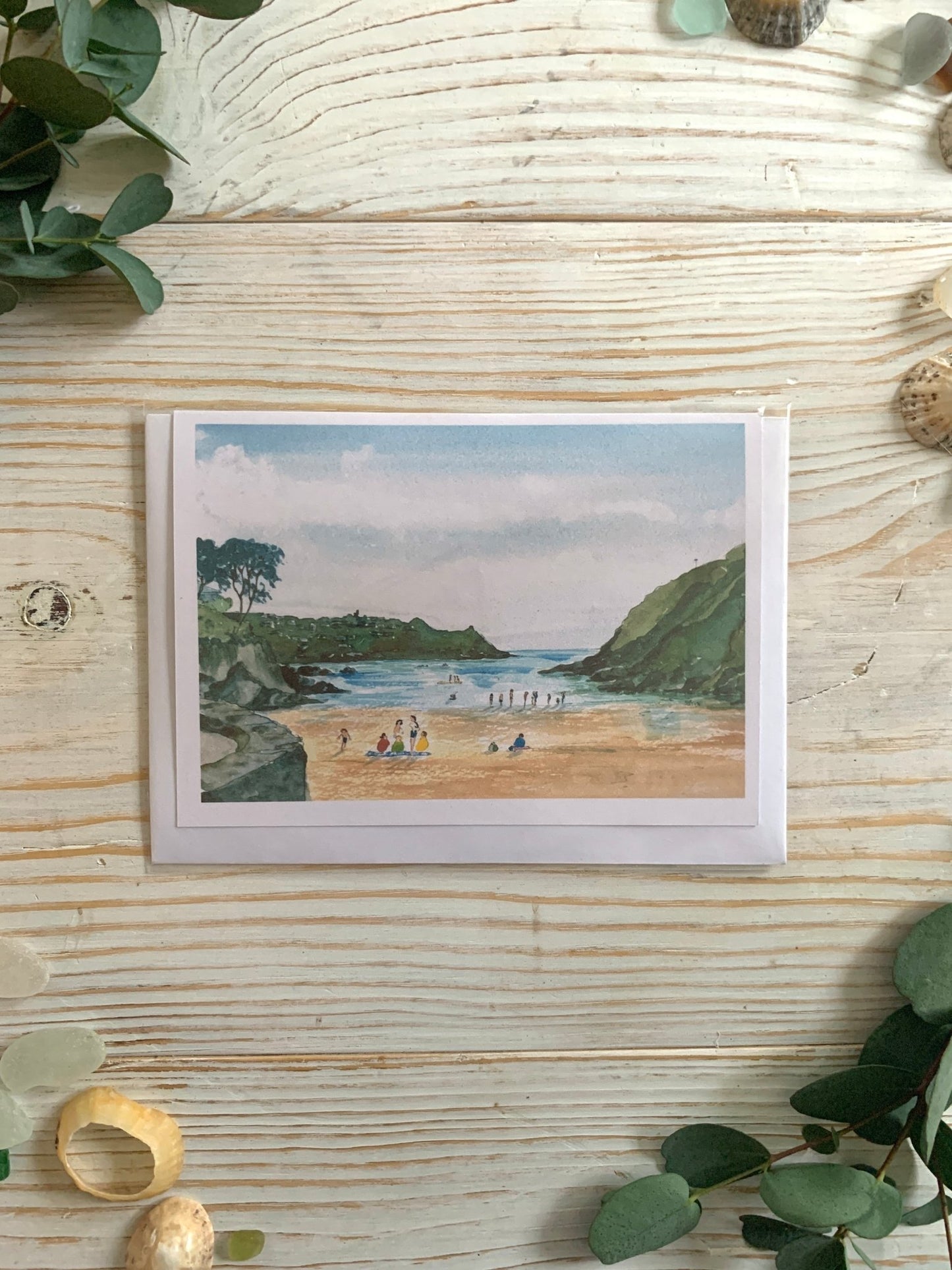 Readymoney Cove, Fowey, Cornwall watercolor scene on a greeting card beach art print, coastal souvenir, blank stationery