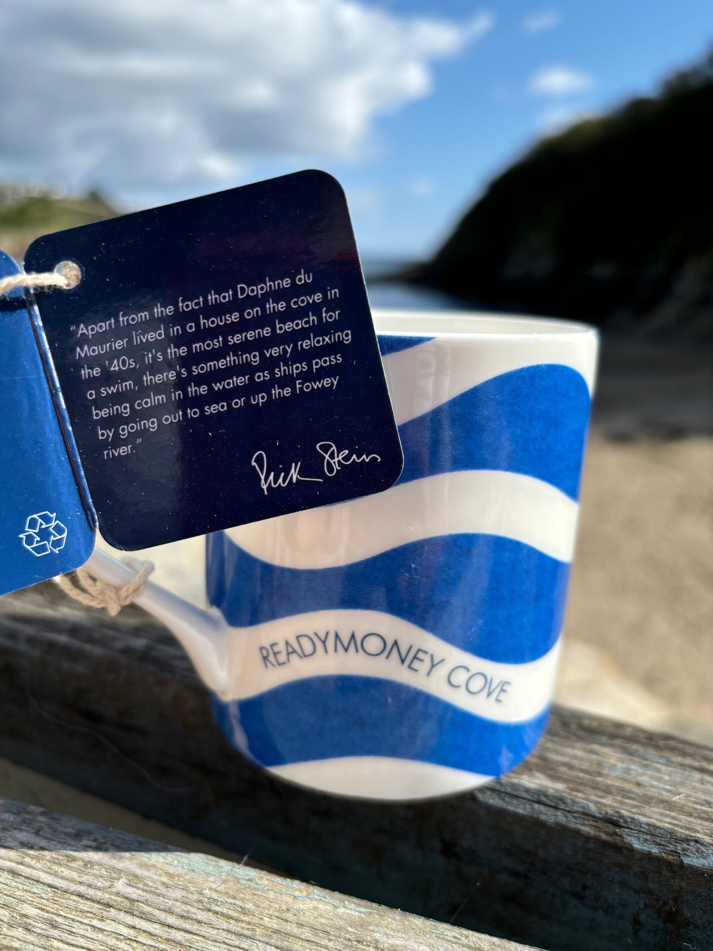 Rick Stein Readymoney Cove mug with quote tag Daphne du Maurier blue wave bone china Cornwall coastal souvenir gift