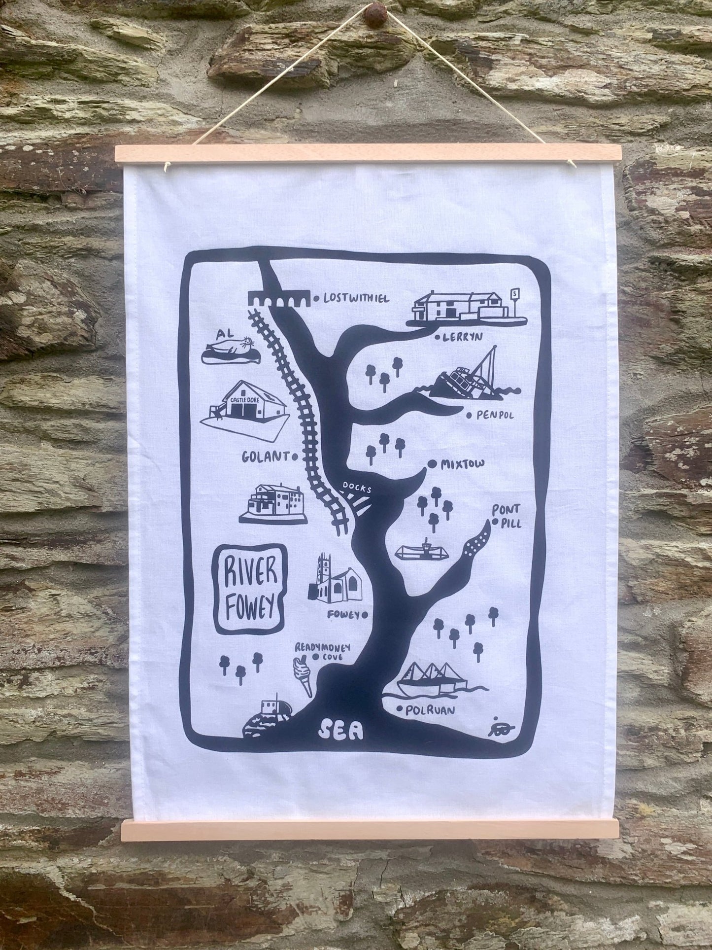 river Fowey map organic cotton tea towel black white Cornwall illustration Polruan Golant Lerryn kitchen textile decor