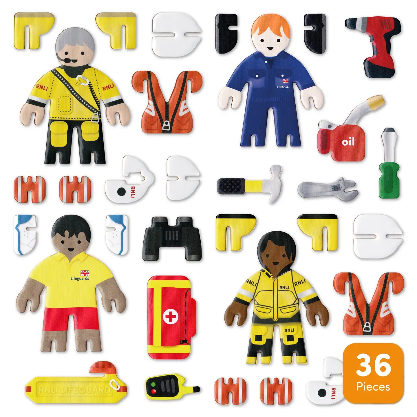 RNLI people playset 36 pieces flat lay contents crew figures lifeguard lifeboat workers tools equipment building toy set