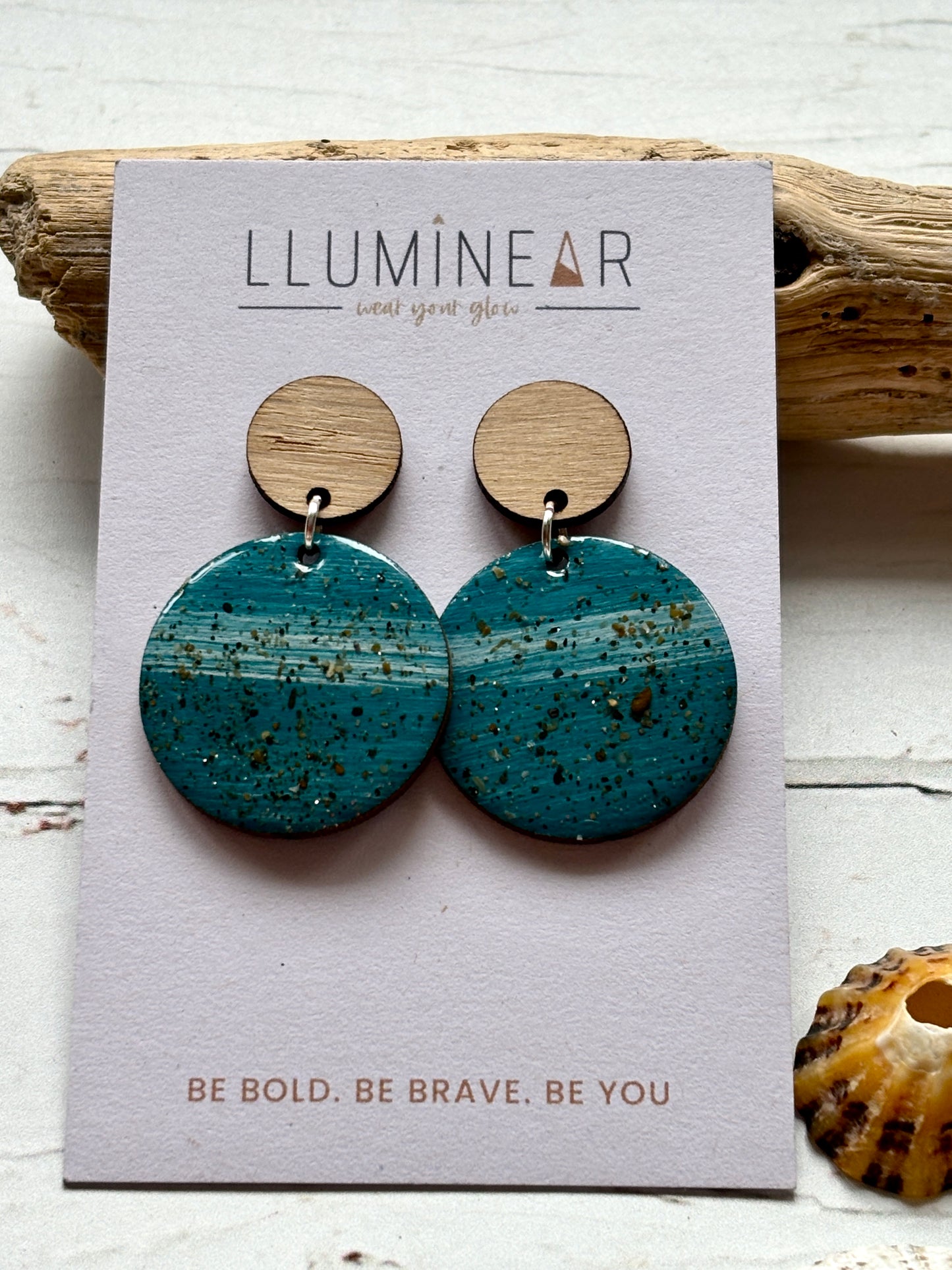 teal sterling silver stud earrings with wood top coastal, handmade resin with sand texture boho dangle jewelry.