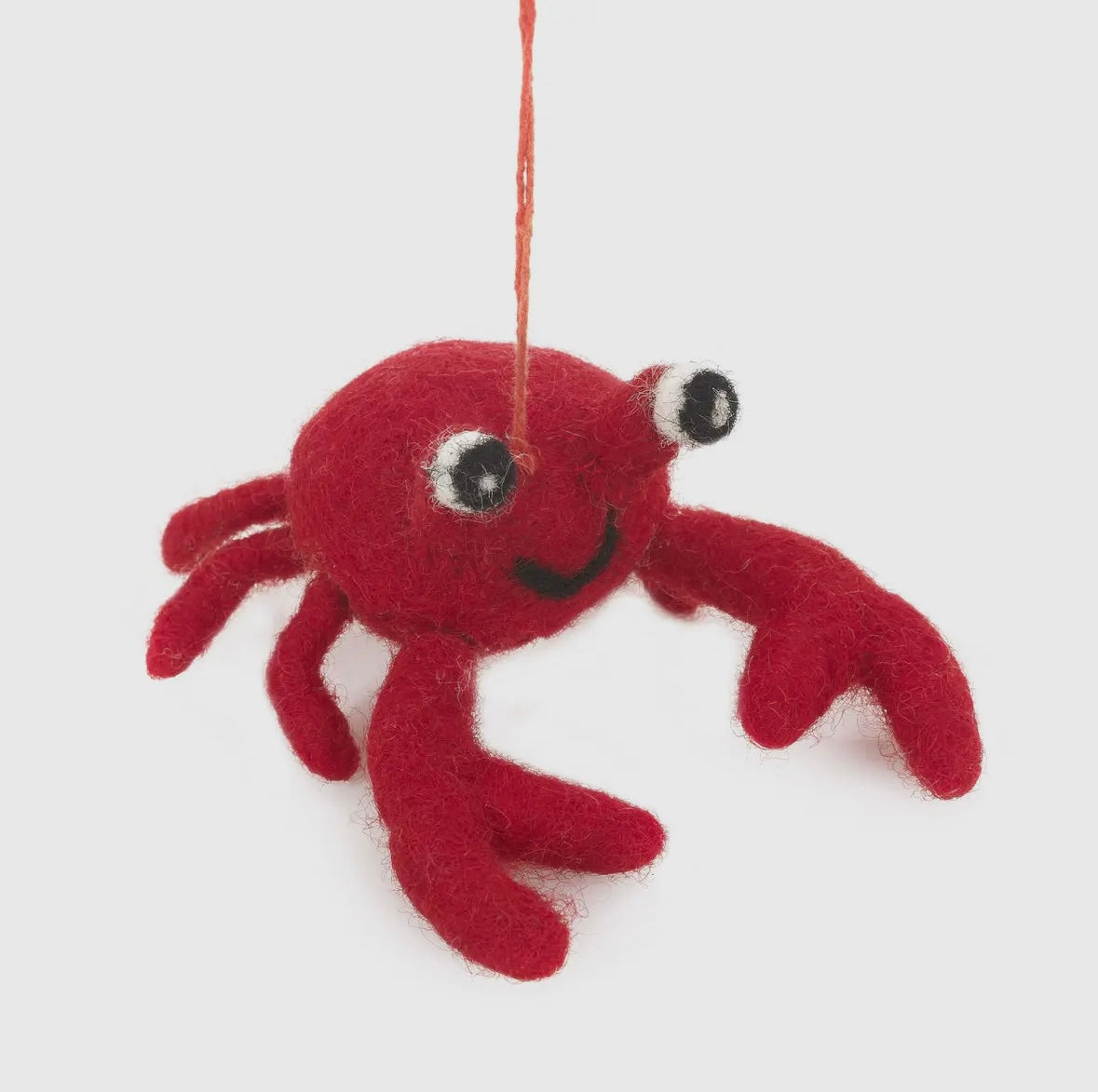 handmade red felt crab ornament with smiley face—playful coastal hanging decor for kids’ rooms or beach-themed trees.