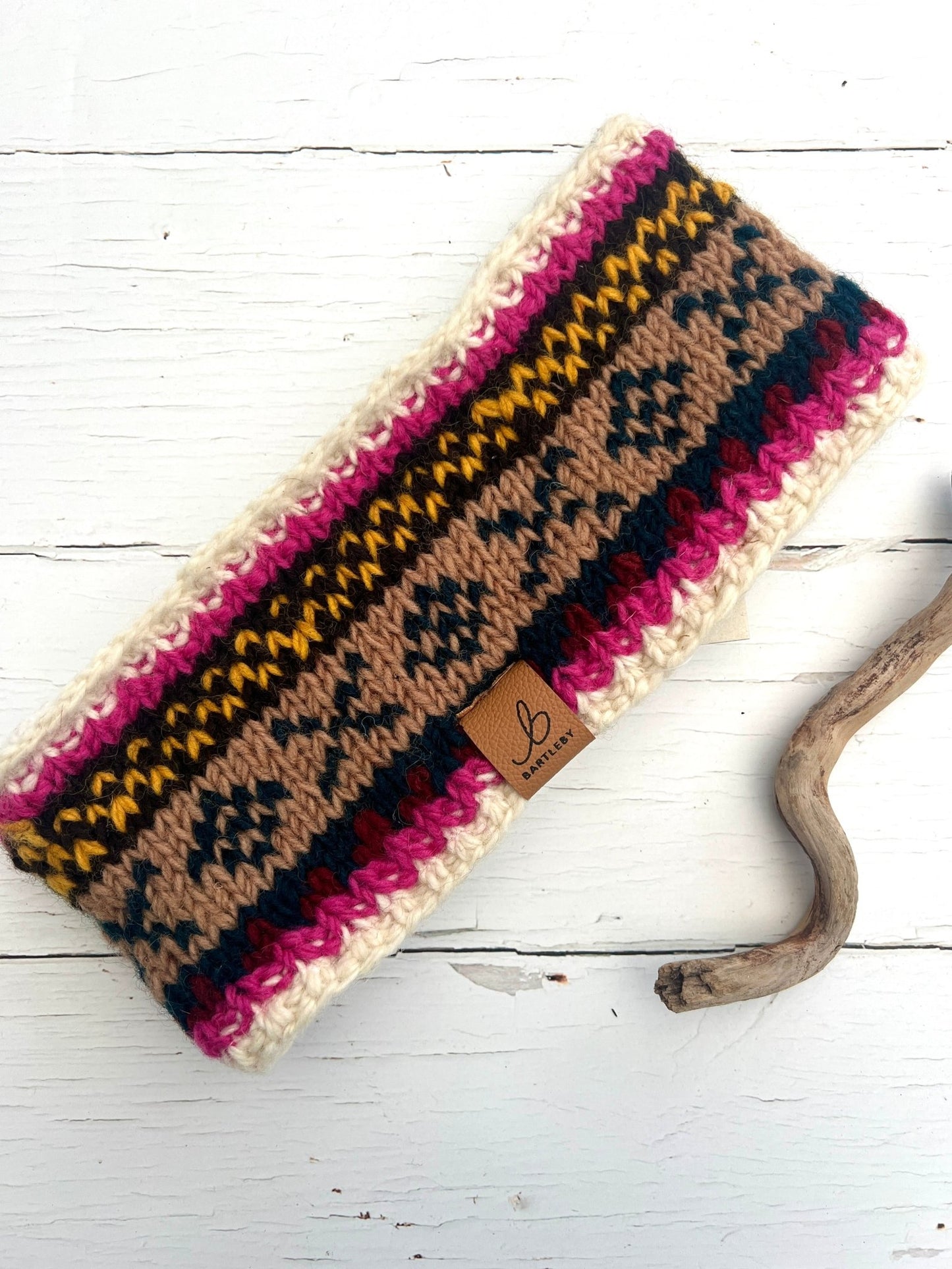 handcrafted wool headband with sherpa lining—earthy pink, white, and brown stripes for warm, rustic winter style
