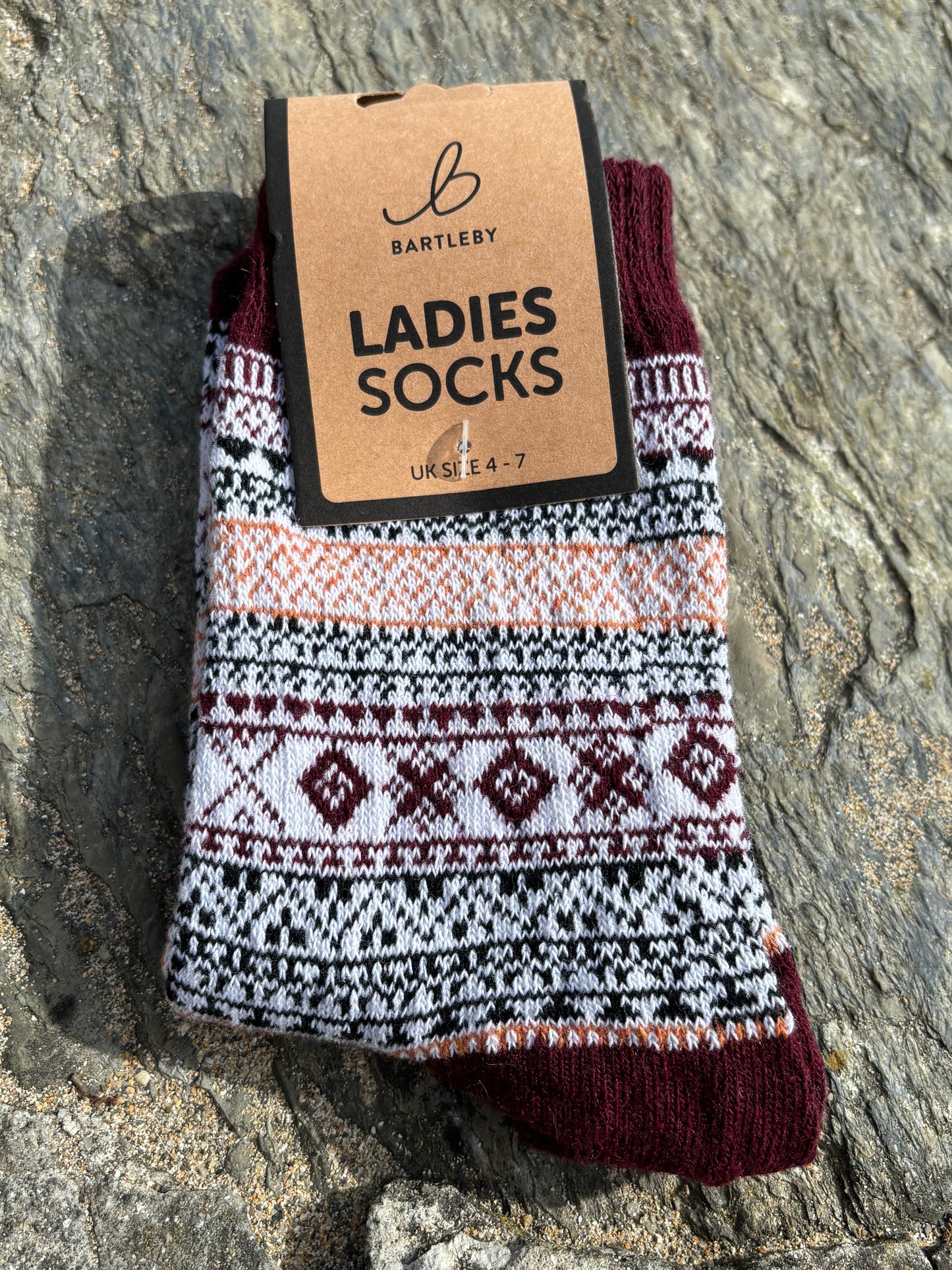 burgundy white orange patterned socks size 4-7 knit Nordic design soft warm women's hosiery Bartleby multicolor accessories