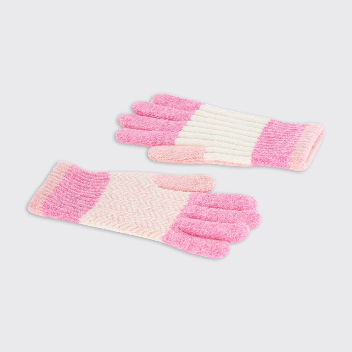 ladies rose pink and white striped knit gloves warm winter hand warmers with a chevron pattern for women