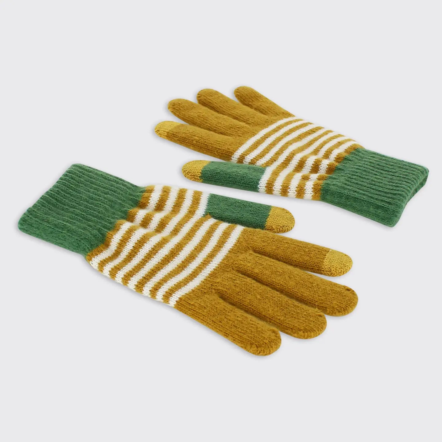 men's green and mustard striped knit gloves cozy winter hand warmers with touchscreen tips stylish seasonal gift idea