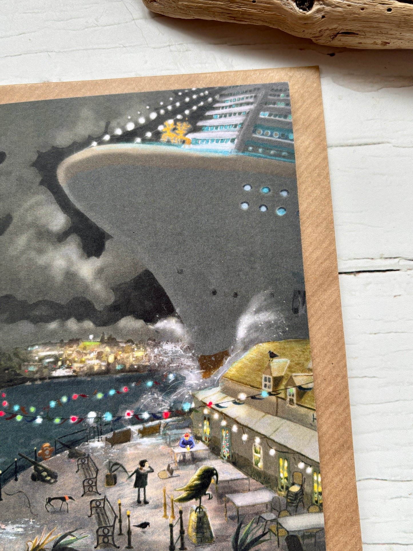 closeup shot of cruise ship card—detailed harbor scene with string lights, cozy coastal town, and whimsical nautical illustration