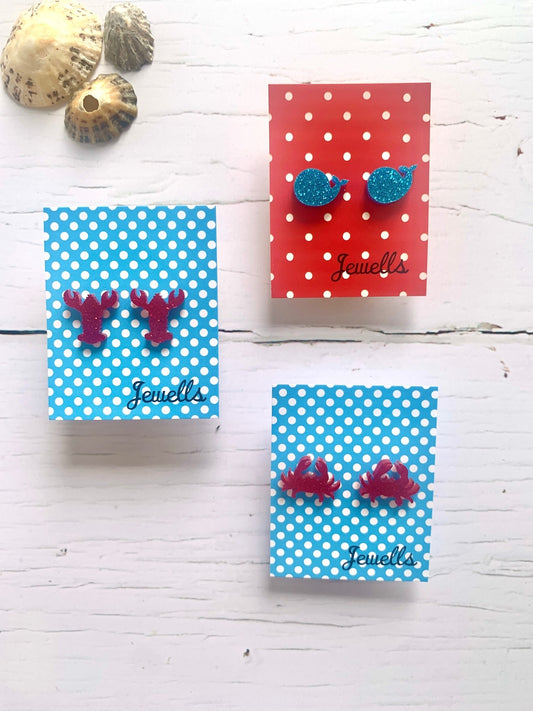 Sparkly Sea Creature Stud Earrings: Lobster, Crab or Whale - Readymoney Beach Shop