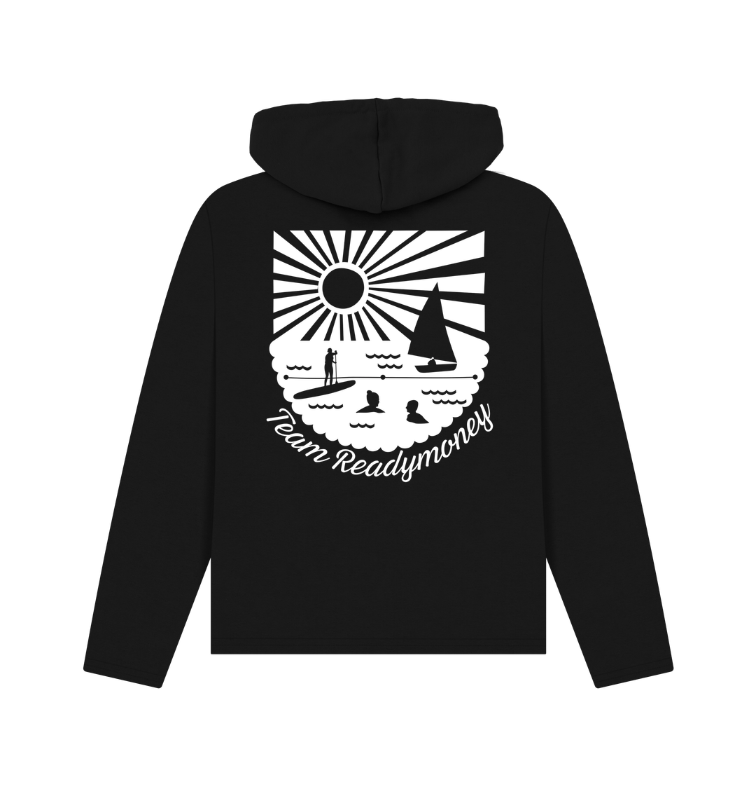 black women’s pullover hoodie with bold beach crest graphic—Team Readymoney coastal adventure style