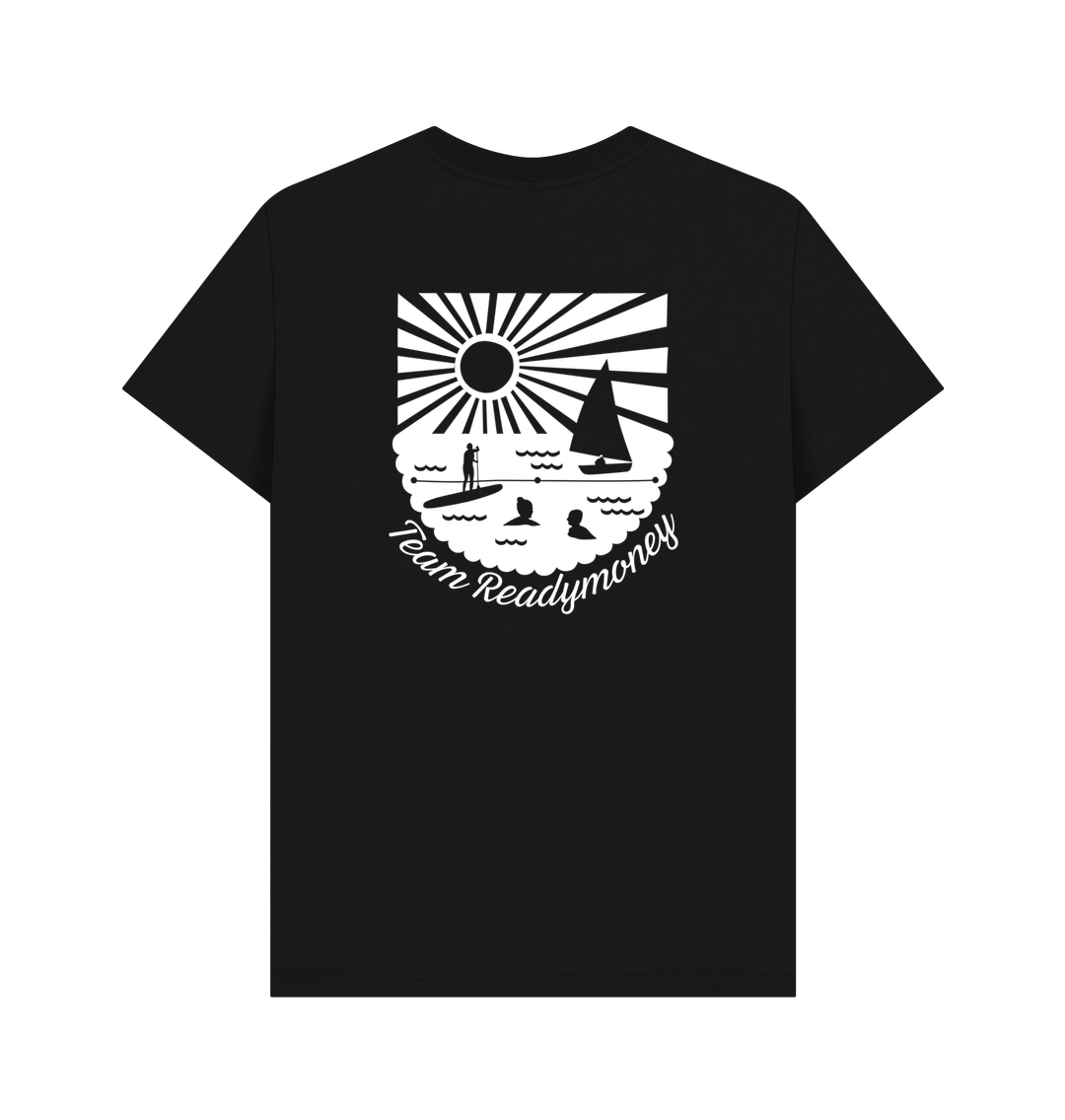 team Readymoney black t-shirt back print sun beach scene swimmers sailboat paddleboard staff uniform coastal Cornwall