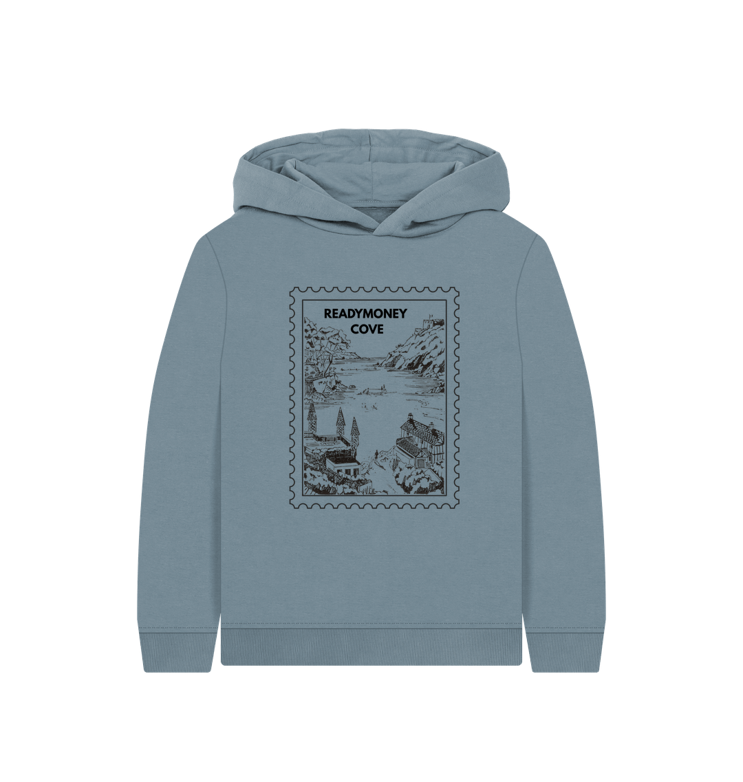 stone blue kids hoodie – soft pullover with Readymoney Cove stamp graphic, cozy coastal sweatshirt for little explorers
