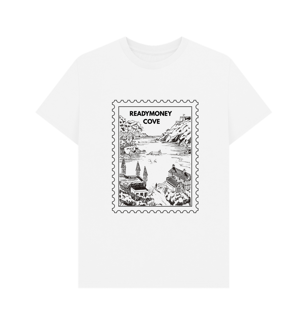 white men's cotton T-shirt with a crisp black 'Readymoney Cove' stamp graphic coastal illustration tee