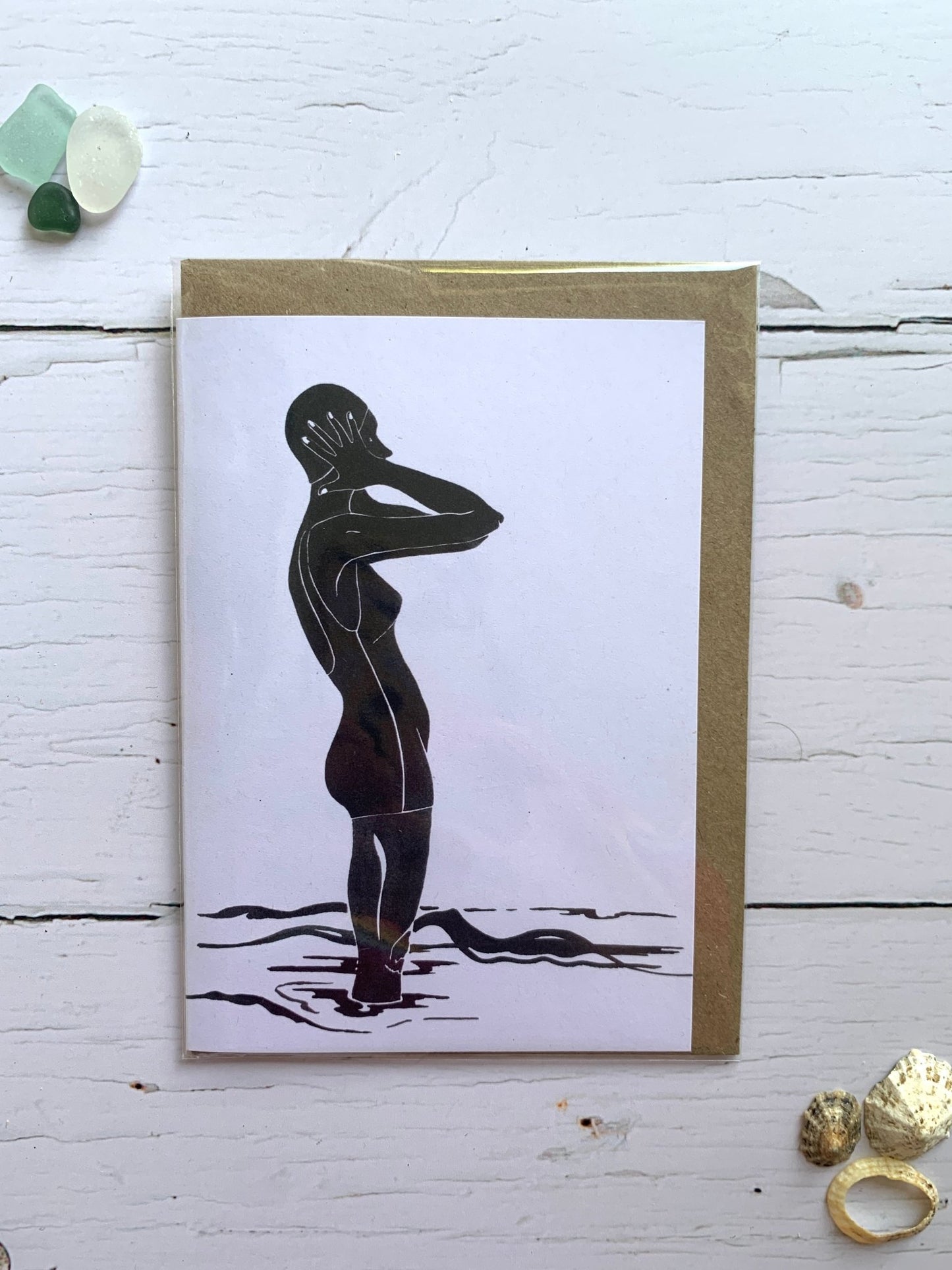 minimalist wild swimmer silhouette card—elegant coastal watercolor art for ocean-inspired gifting and decor
