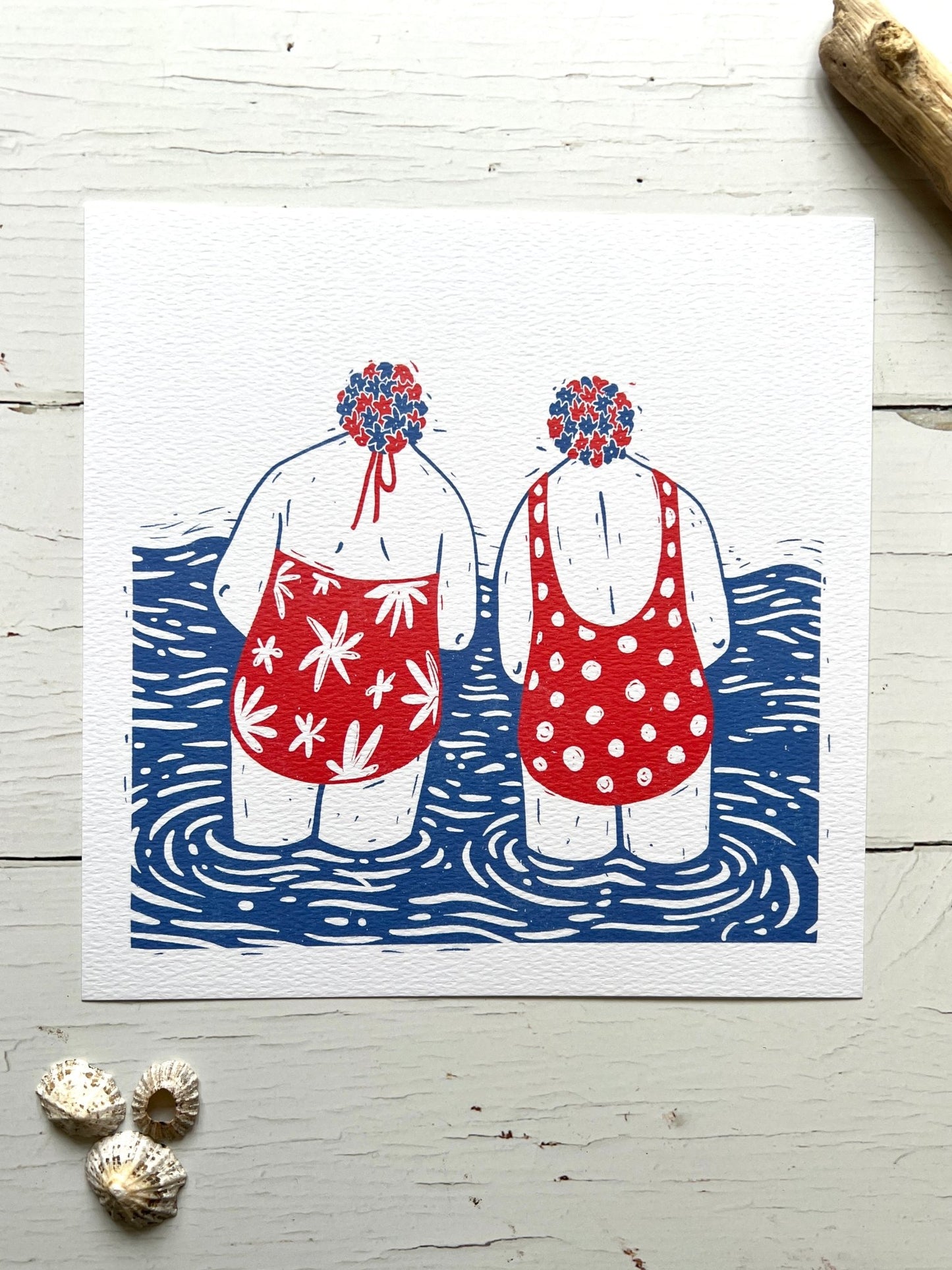 swimming ladies art print—retro coastal wall decor with floral swim caps, perfect for wild swimmers and beach lovers