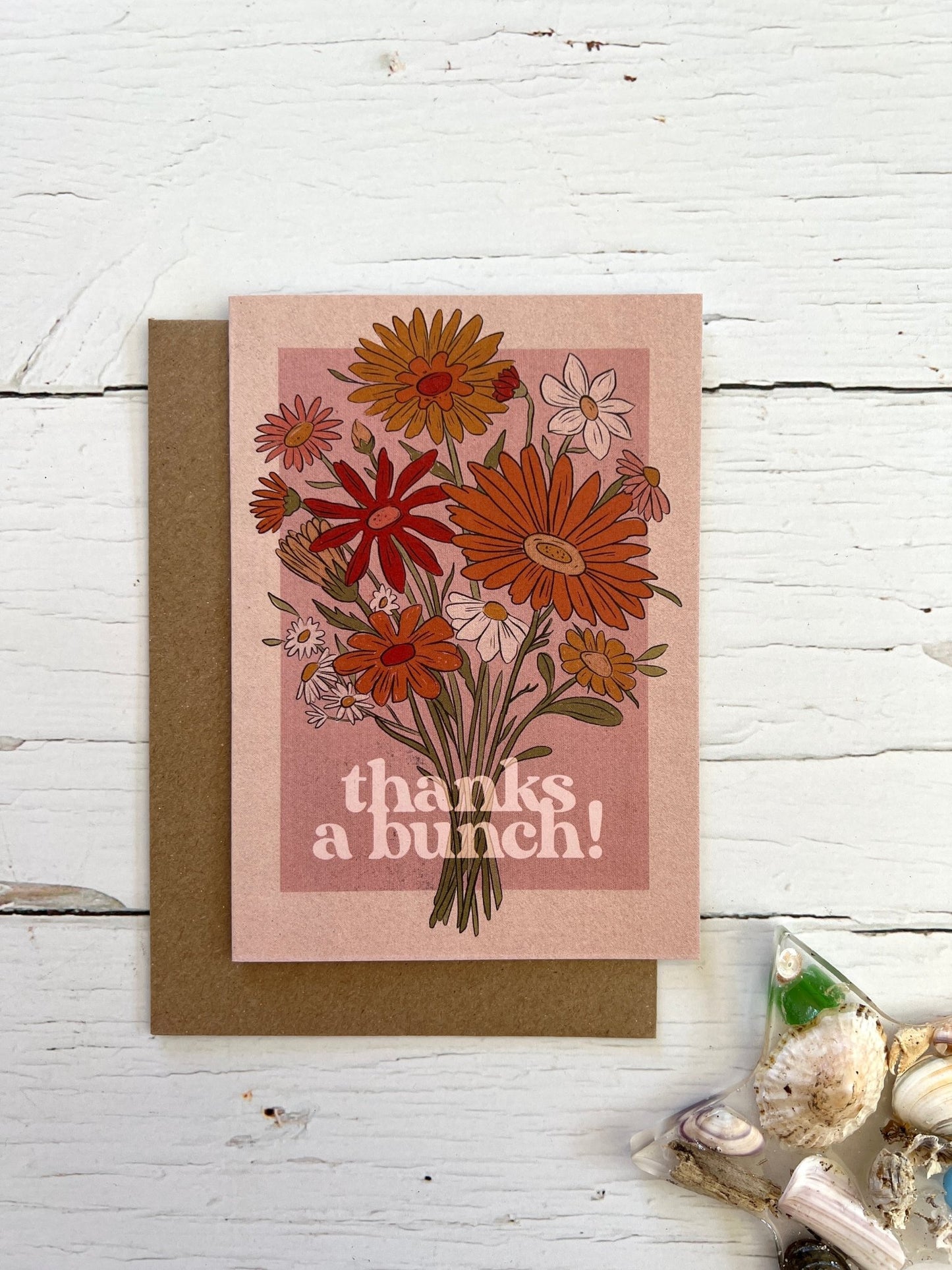 bold floral thank you card—retro bouquet design with “thanks a bunch!” message for cheerful, coastal-inspired gifting