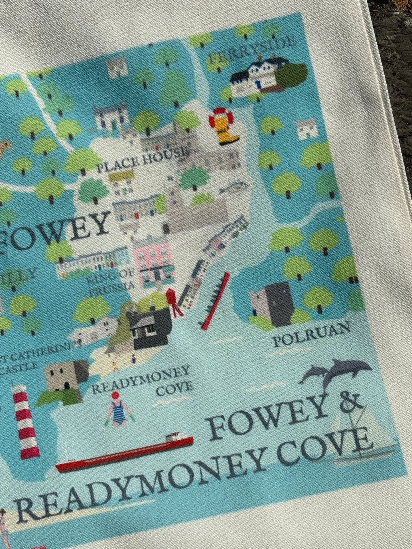 Fowey & Polruan map tote bag nautical gift with Ferryside landmarks illustrated Cornwall travel souvenir gift