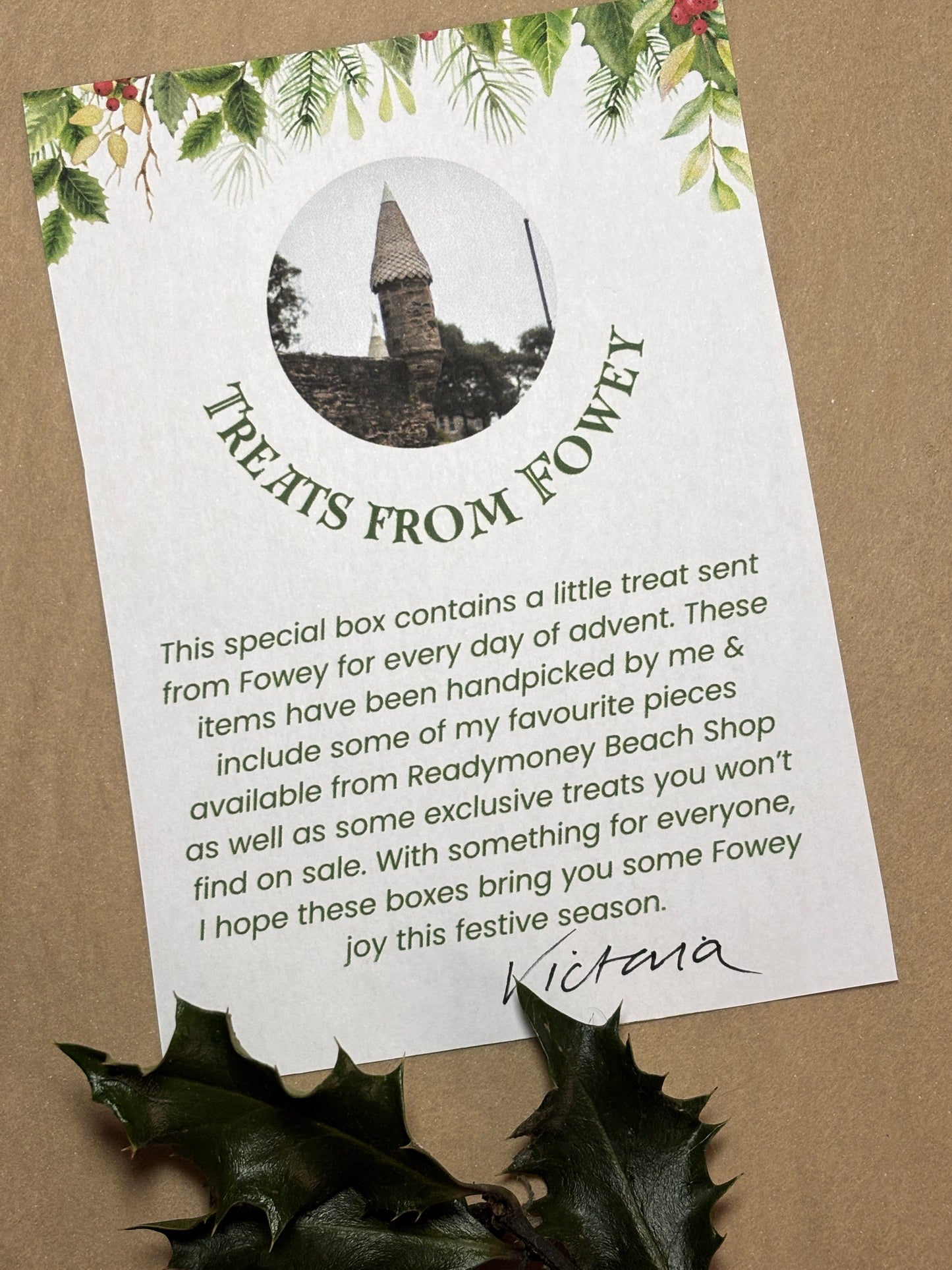 Fowey Cornwall gift box letter Ready Money Beach Shop Christmas treats, holiday keepsake with coastal tower image