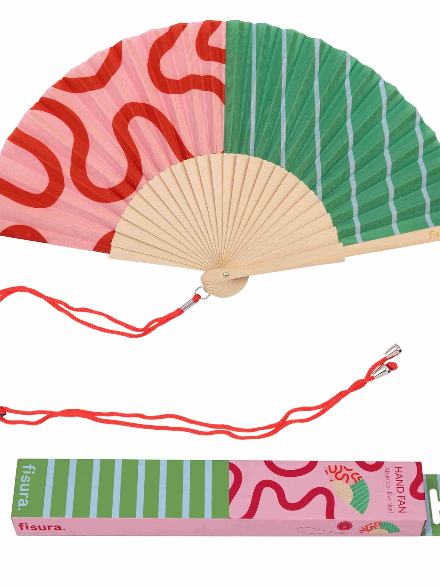 Pink Red & Green Waves & Stripes Folding Fabric Fan