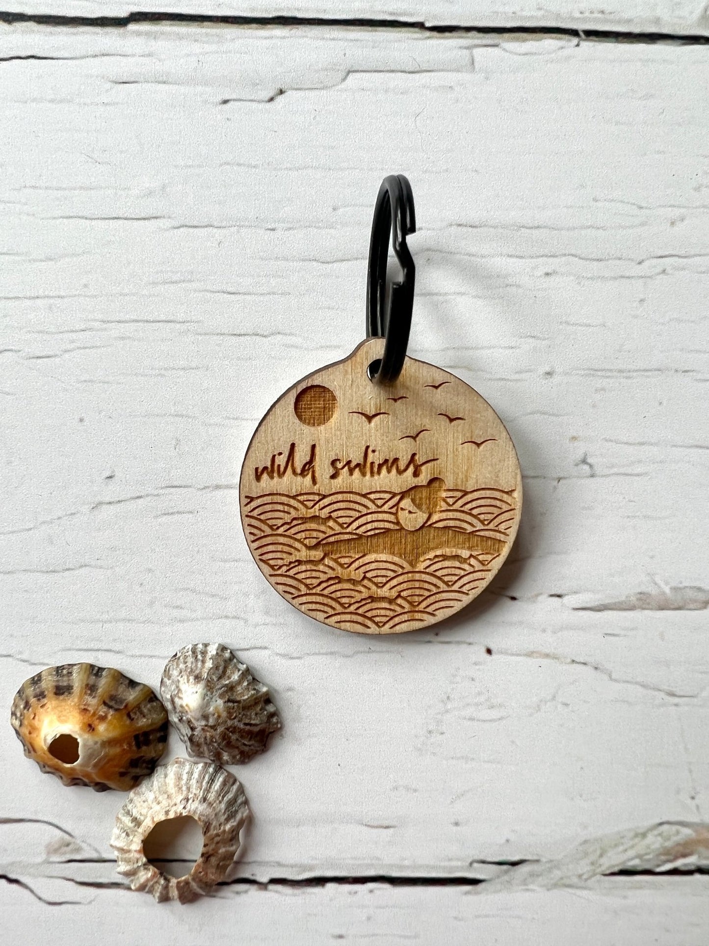 wooden wild swimming keyring with engraved waves, sun, birds & fish design - laser etched ocean sea keychain fob