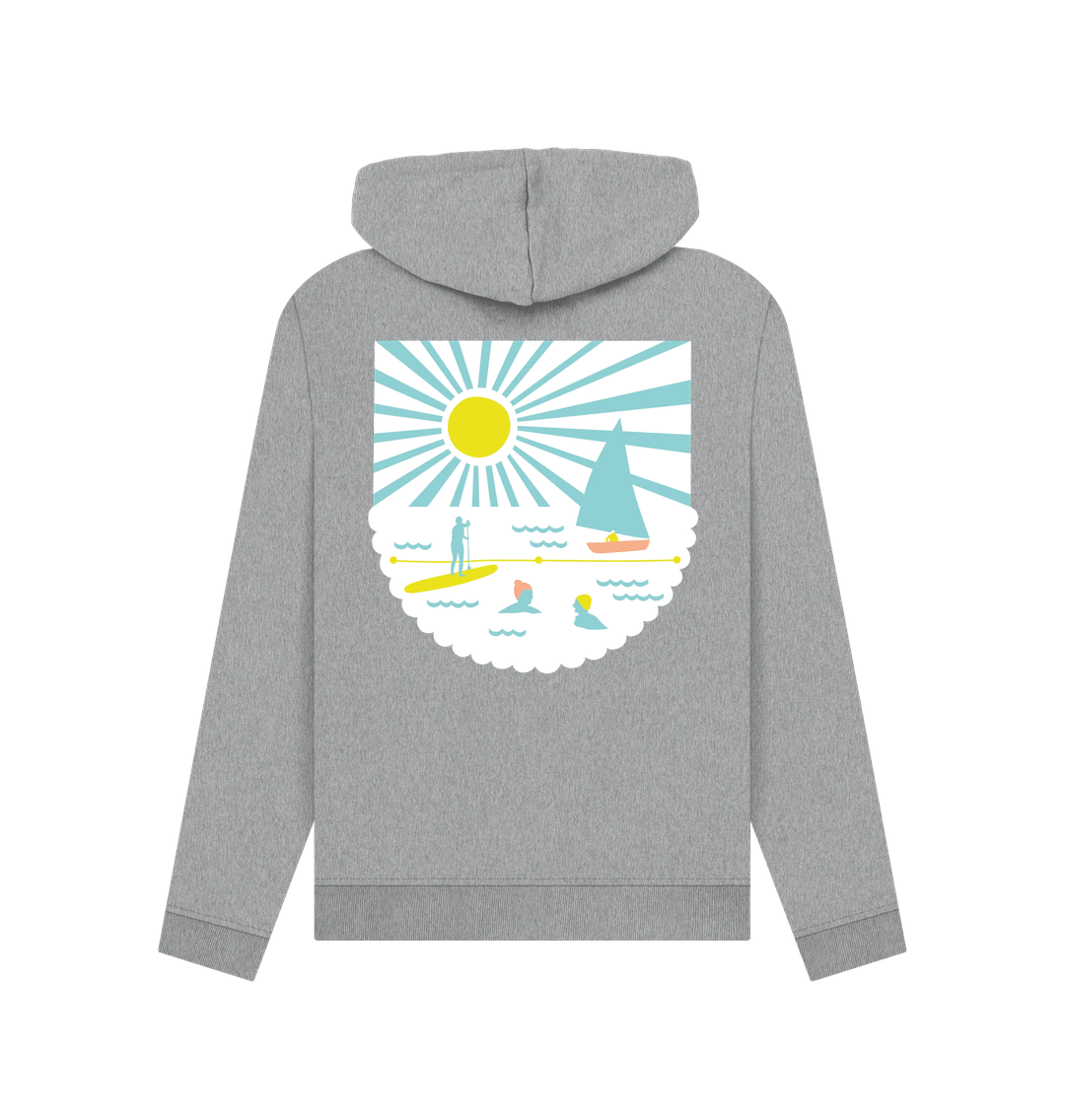 grey women's pullover hoodie in organic cotton with vibrant beach scene graphic—soft, sustainable, and coastal-inspired