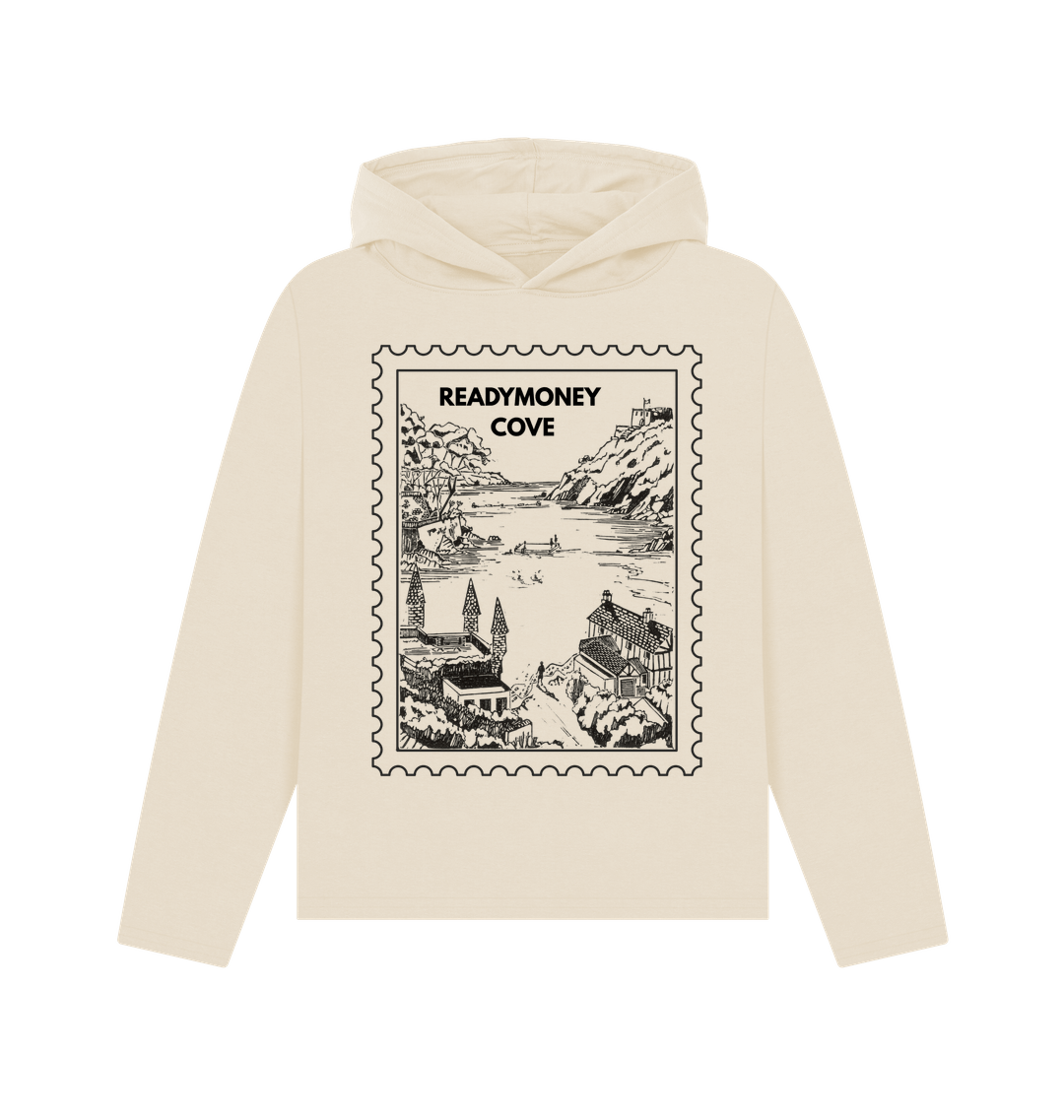 oat oversized hoodie – cozy cream pullover with Readymoney Cove stamp graphic, soft coastal sweatshirt for travel days