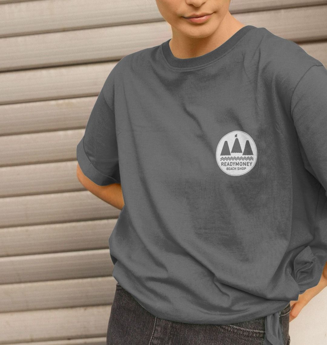 slate gray relaxed-fit tee—Readymoney Beach Shop chest logo, effortless coastal layering piece