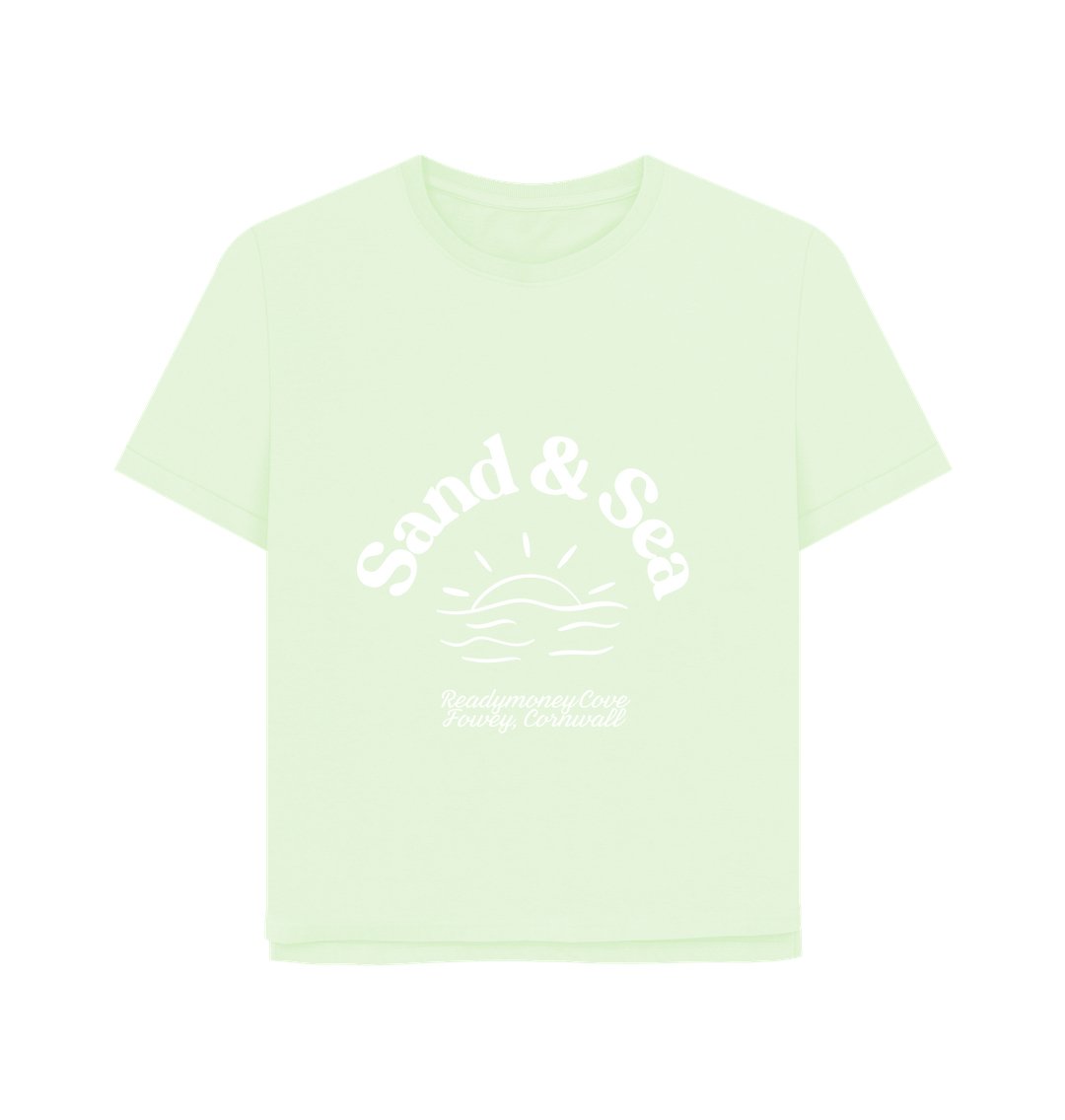 pastel green relaxed-fit tee—Sand & Sea front graphic, Readymoney Cove Cornwall beachwear with laid-back charm