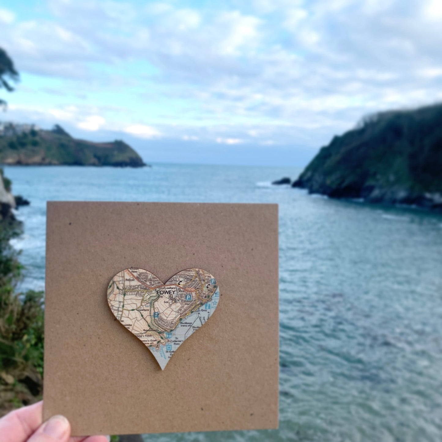 fowey map heart magnet Valentine's card - wooden Cornwall coastal location keepsake gift with kraft card
