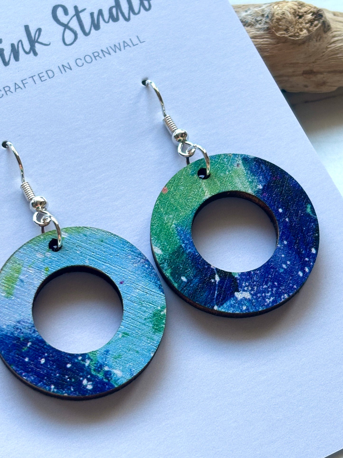 Handpainted Blue & Aqua Wooden Ring Earrings