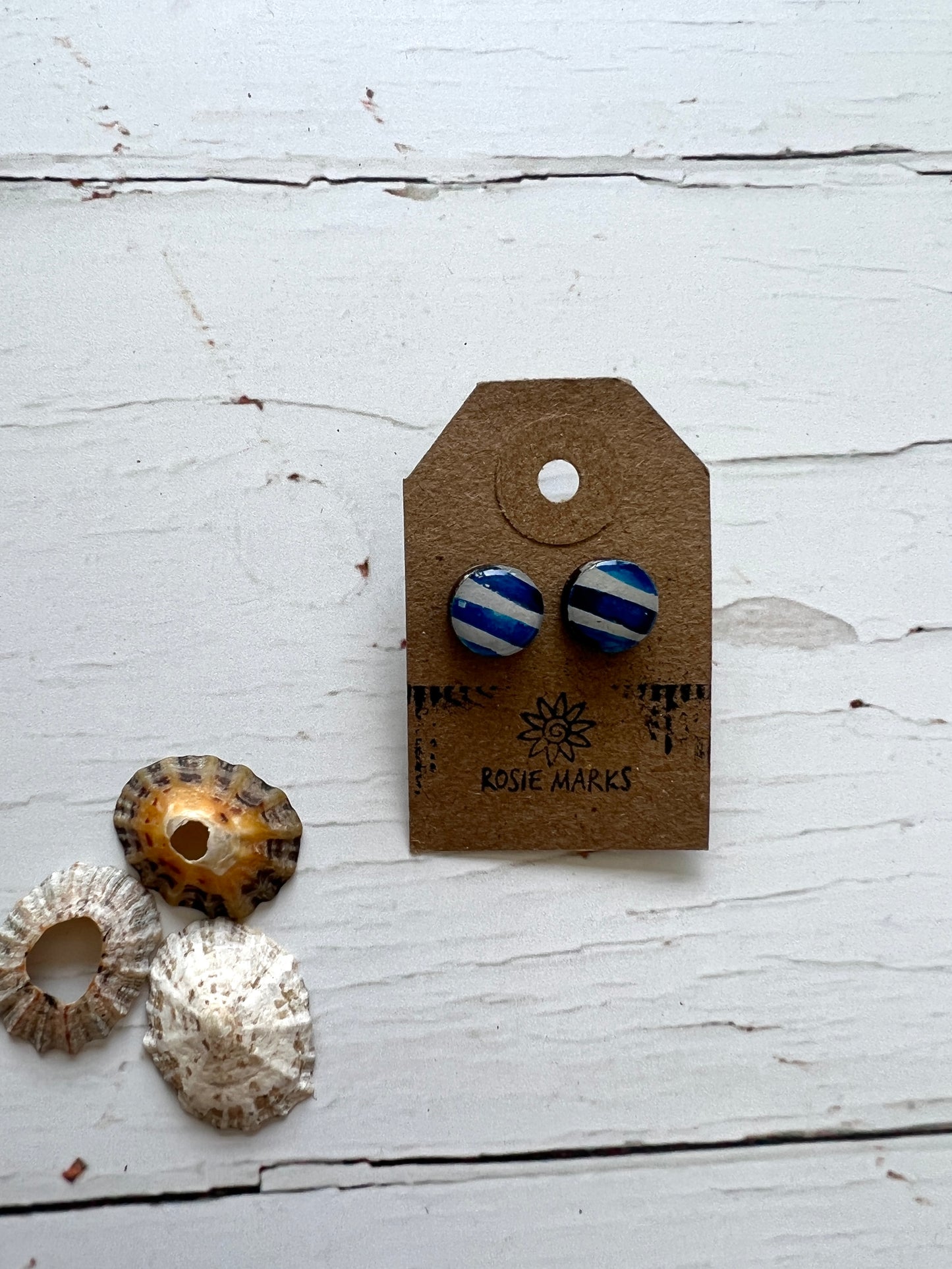 blue hand painted wood & resin cornish stripe earrings