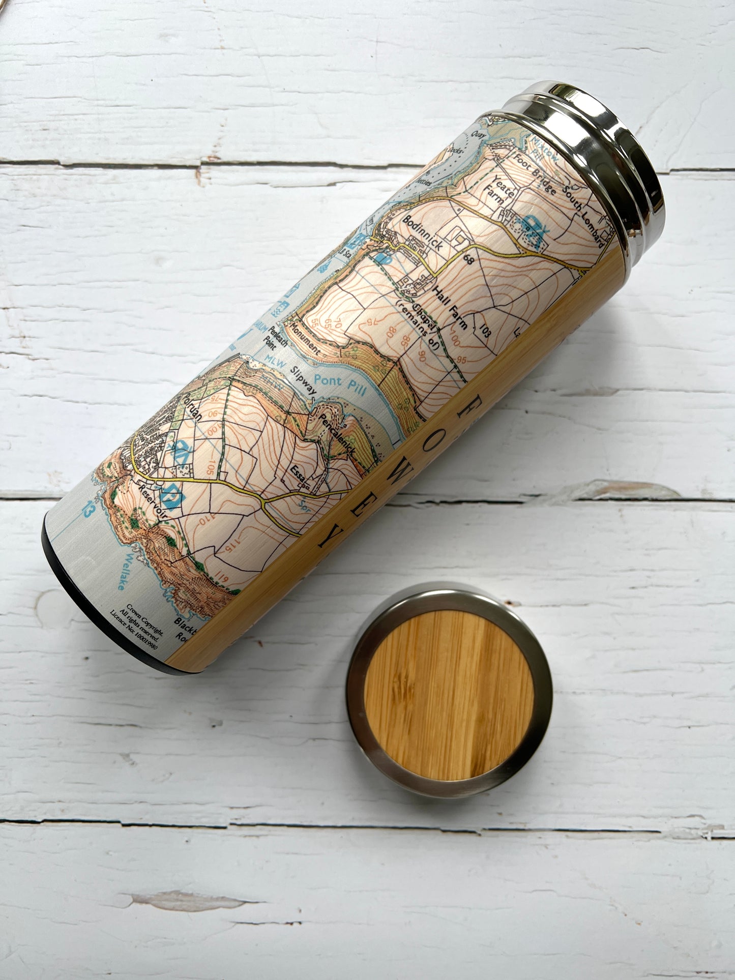 Fowey Map Wooden Stainless Steel Water Bottle Flask