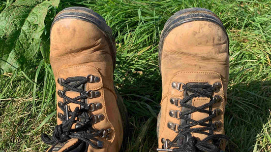 Walking boots against grass: Walking in Fowey