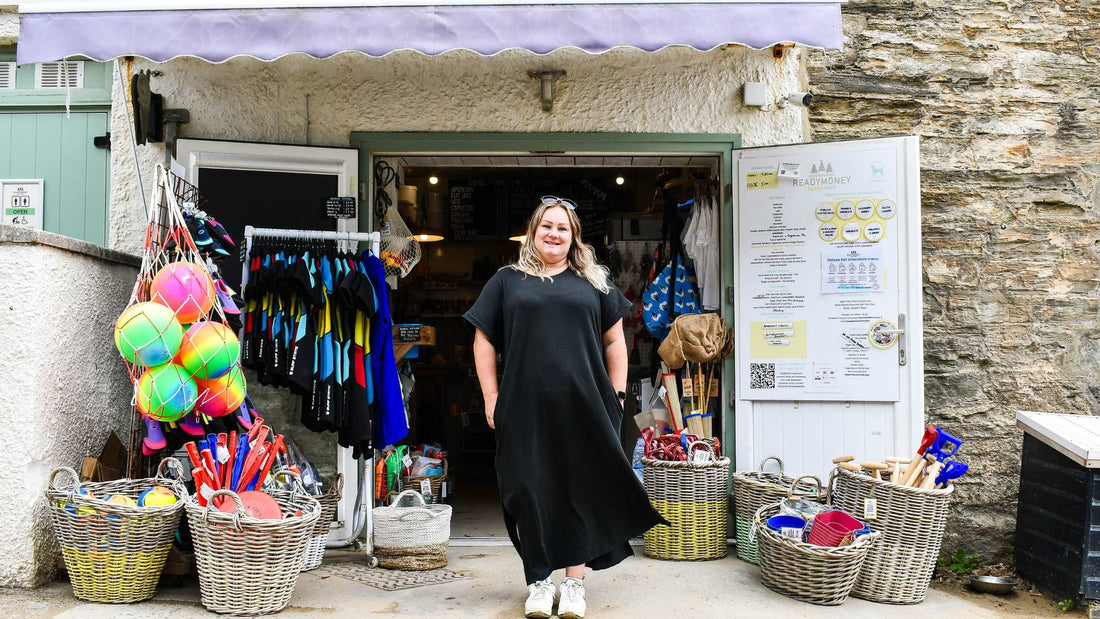 Victoria outside Readymoney Beach Shop Fowey Cornwall