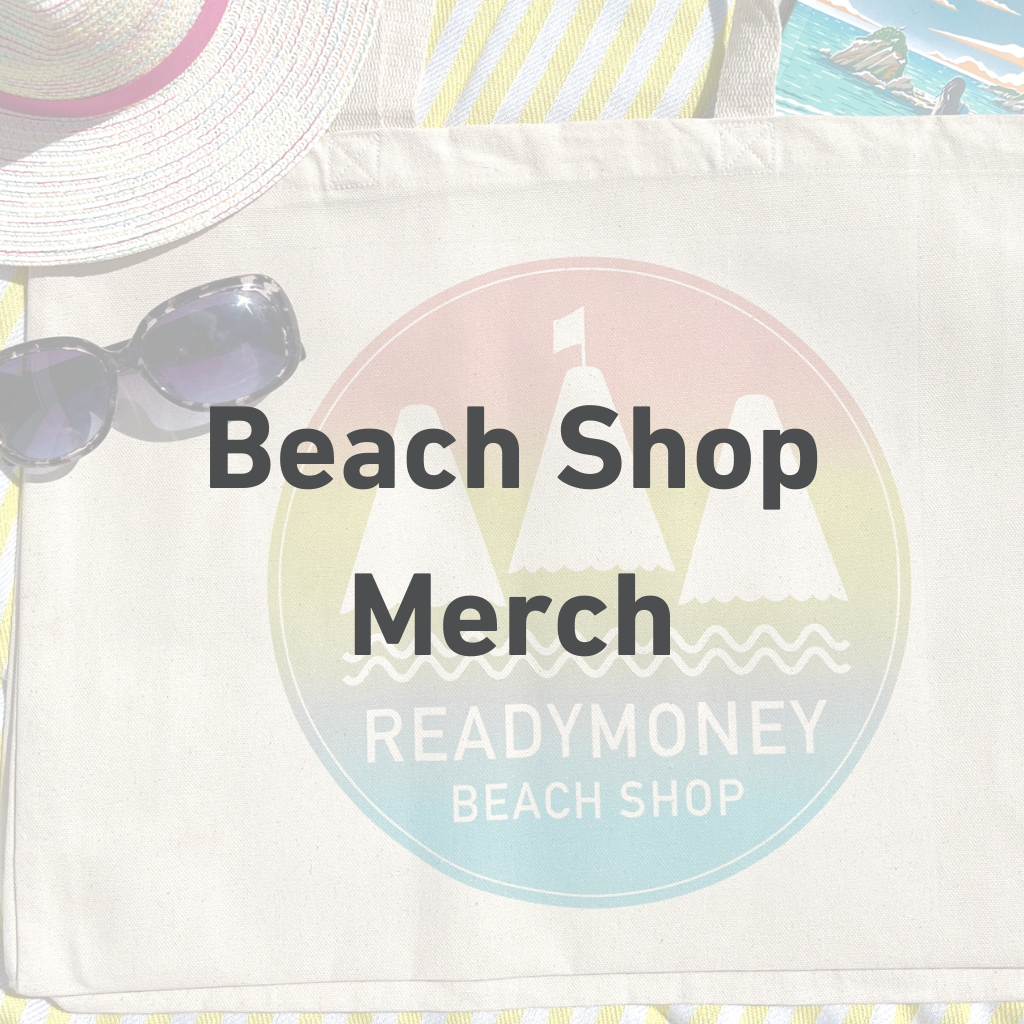 a Readymoney Beach Shop jumbo bag with the words beach shp merch over the top