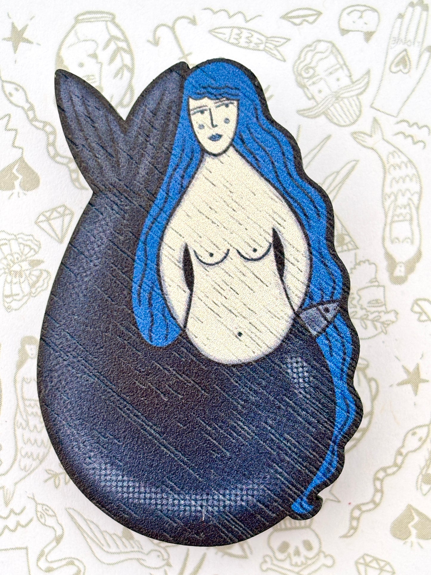 Mermaid Wooden Nautical Pin Brooch Badge