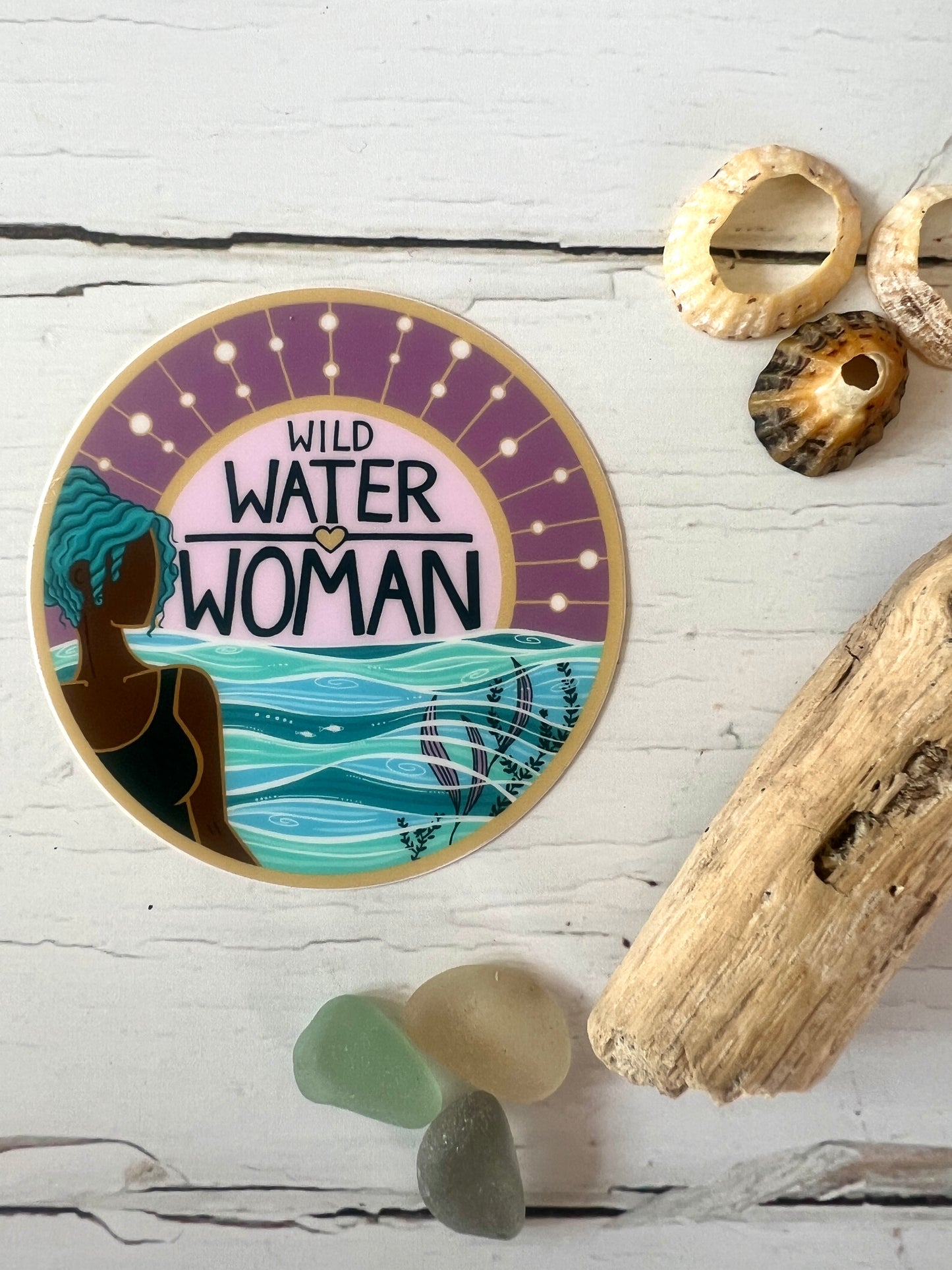 Wild Water Woman Round Vinyl Surf Sticker: Peach & Purple