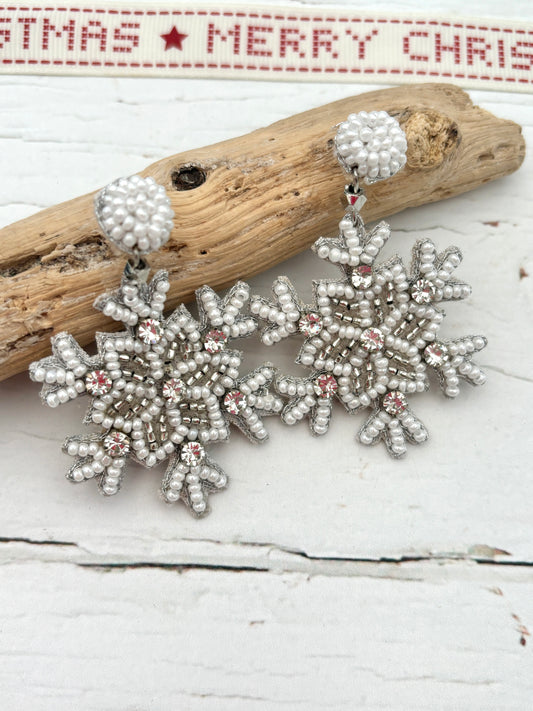 Winter Snowflake Hand Beaded Christmas Stud Earrings